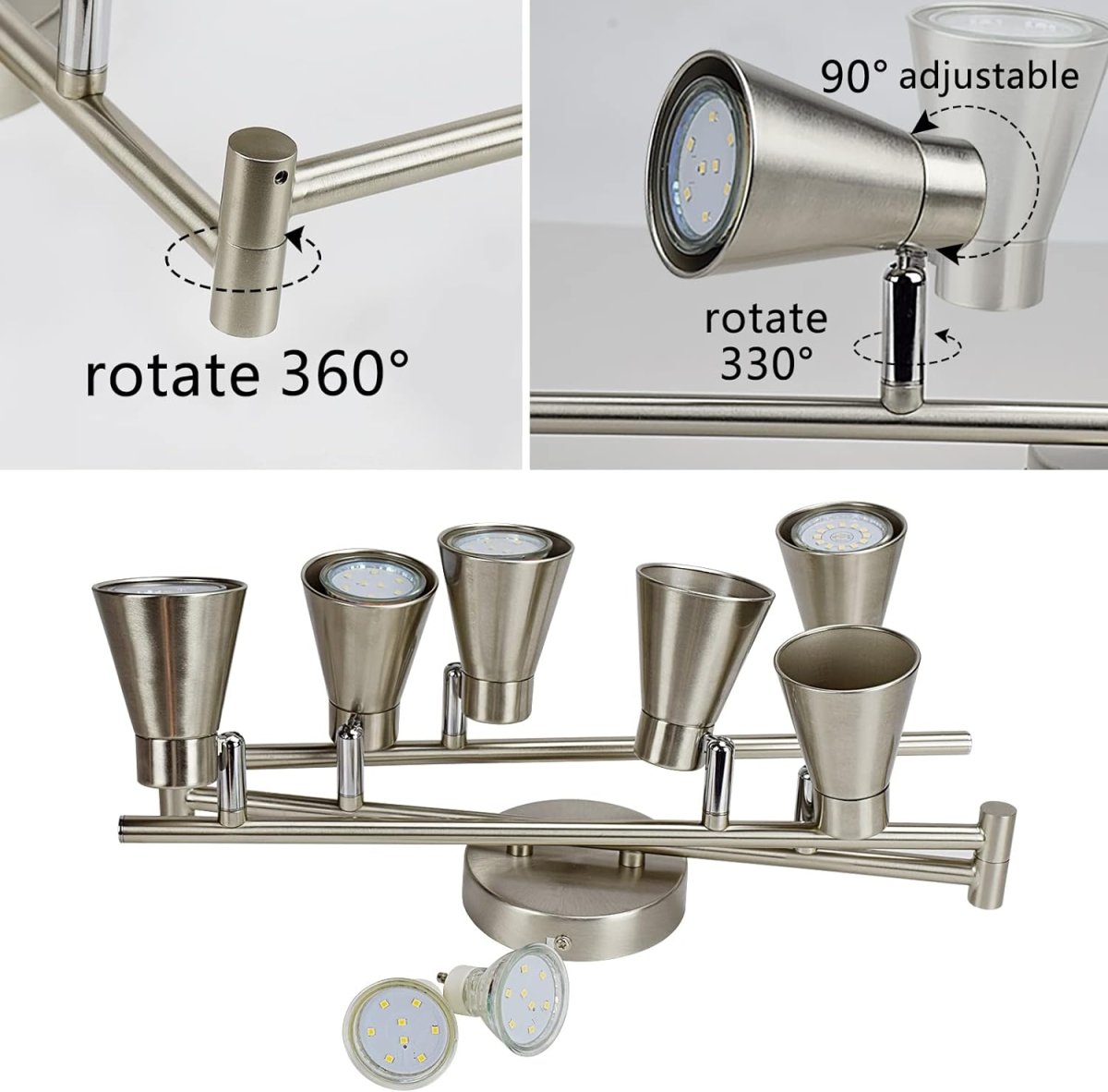 Modern LED Track Lighting Kit - 6 Adjustable Spotlights with Warm White Light, Flush Mount Ceiling/Wall Fixture for Kitchen, Dining Room, Hallway & Bedroom | Silver Finish | Energy-Efficient Home & Office Lighting Solution