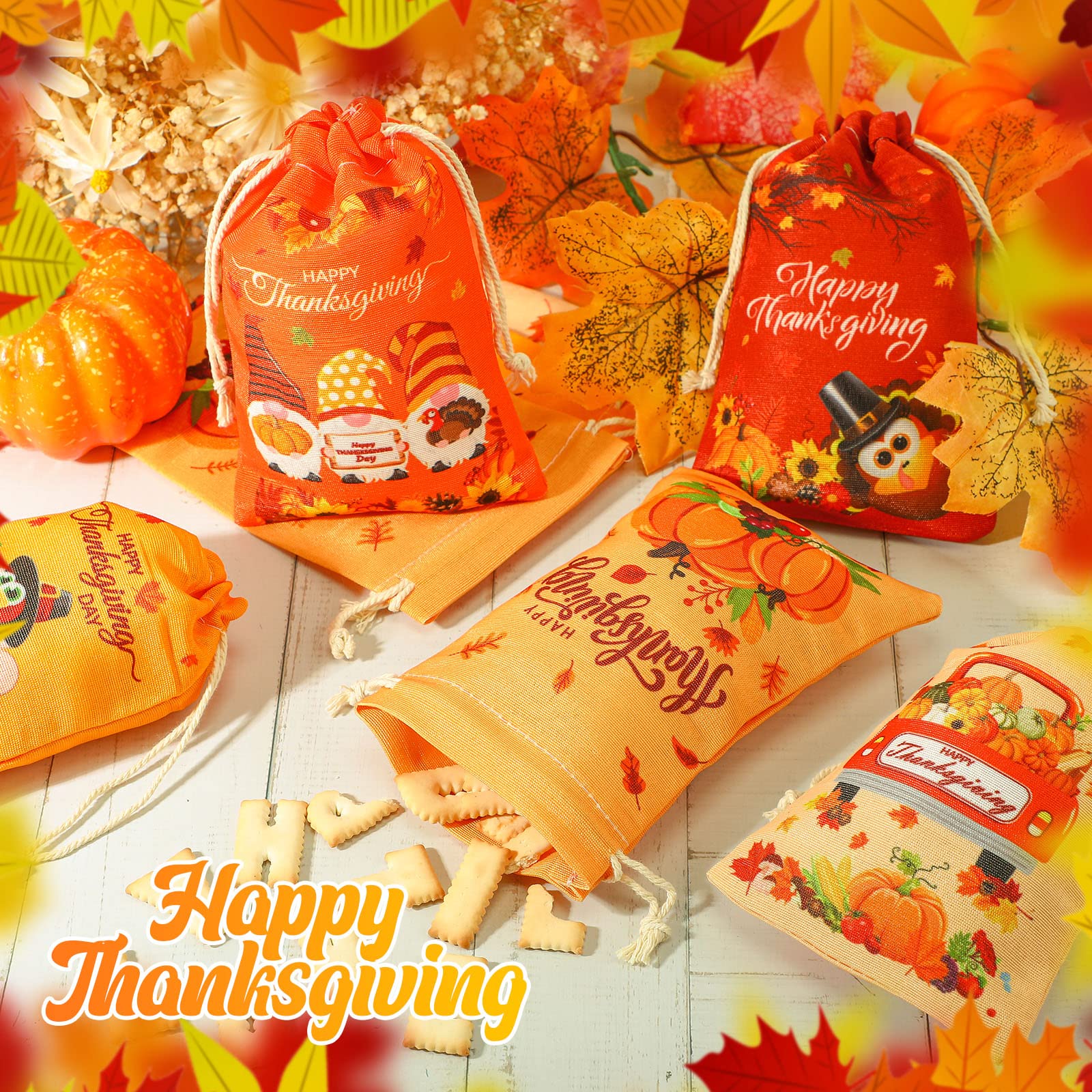 24 Pcs Thanksgiving Gift Bags with Drawstring - 4x6 Inch Canvas Party Favor Pouches for Candy, Treats & Goodies - Perfect for Thanksgiving Parties, Birthday Celebrations & Autumn Festivities - Reusable Small Bags for Holiday Gifts, Classroom Rewards & Party Favors