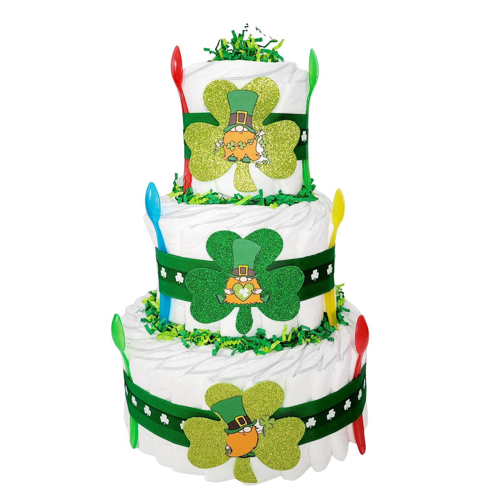 Irish Diaper Cake for Baby Shower & St. Patrick's Day - Handmade Green Diaper Tower with Shamrock Decorations | Perfect Gender Reveal Gift, Newborn Celebration & Holiday Party Decoration