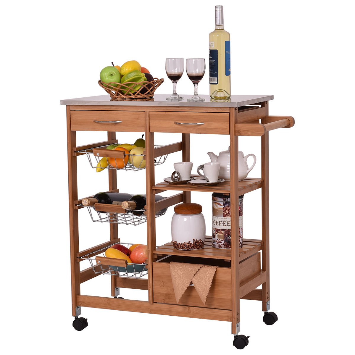 Bamboo Rolling Kitchen Island Cart with Storage Shelf, Drawers & Basket - Mobile Dining & Serving Cart for Small Spaces, Apartments, and Compact Kitchens