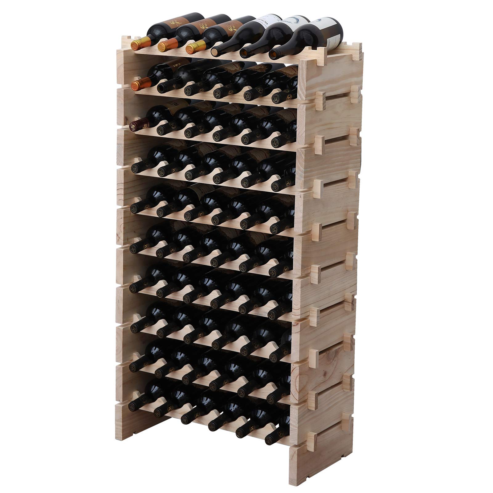 Solid Wood Stackable Wine Rack - Holds 60 Bottles - Natural Finish Wooden Wine Cabinet for Kitchen, Dining Room or Cellar Storage