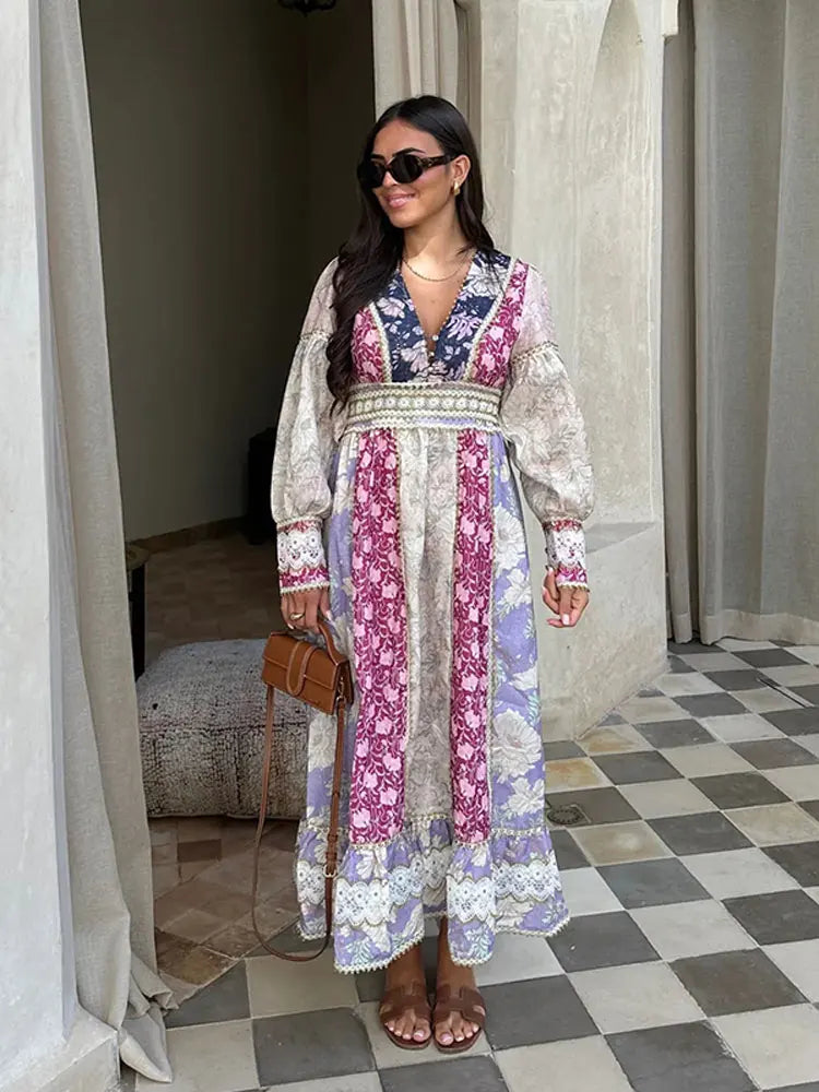 Stylish Patchwork Print Maxi Dress for Women - Long Sleeve V-Neck High Waist Vestidos - Perfect for Vacation, Party & Club Wear