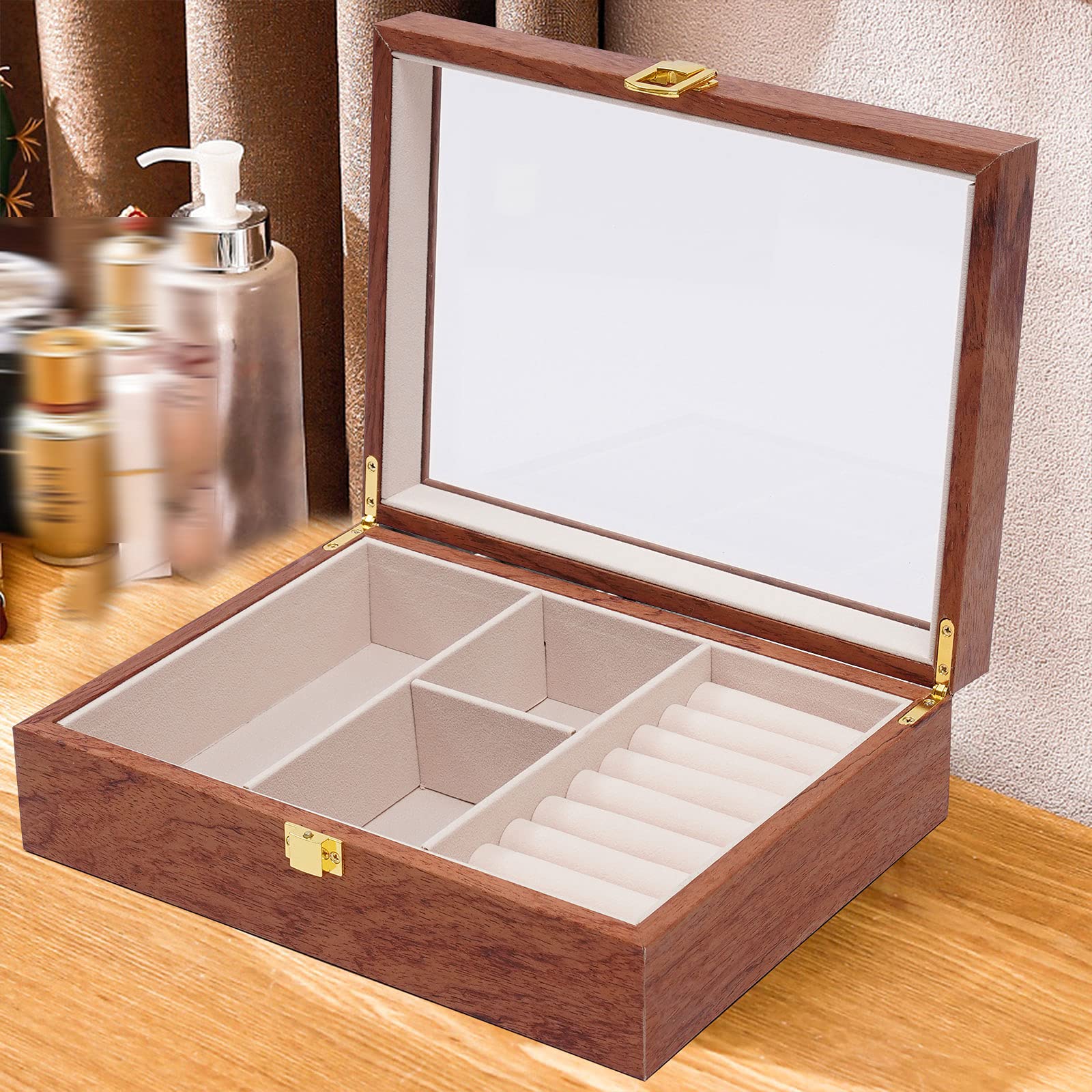 Vintage Wooden Jewelry Storage Box with Glass Lid & Lock - Jewelry Organizer for Earrings, Necklaces, Bracelets, Watches & Rings - Perfect for Display, Travel & Gift Giving - Old World Treasure Chest for Home Decor