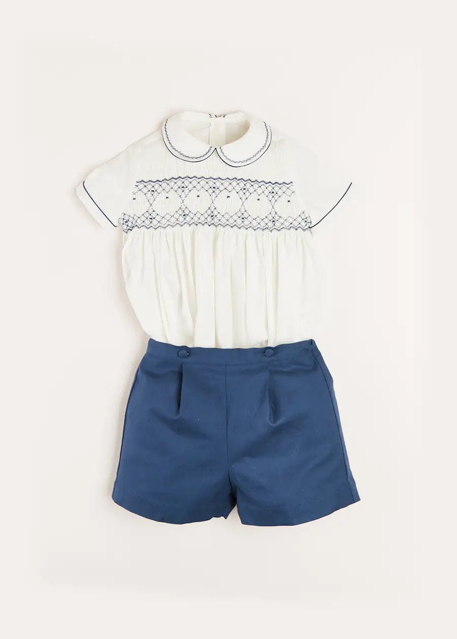 Royal Blue Hand Smocked Short Sleeve Two Piece Set for Baby & Toddler (18 Months - 5 Years) - Perfect for Family Photos, Birthday Parties & Special Occasions