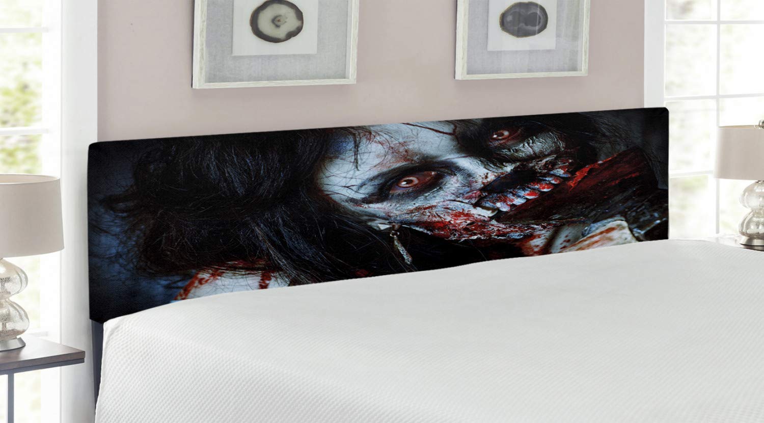 Ambesonne Gothic Zombie Headboard - King Size Upholstered Metal Bed Frame with Memory Foam, Scary Halloween Decor Featuring Bloody Tool Evil Fantasy Design | Perfect for Horror Themed Bedrooms, Haunted House Decor & Gothic Mystery Lovers
