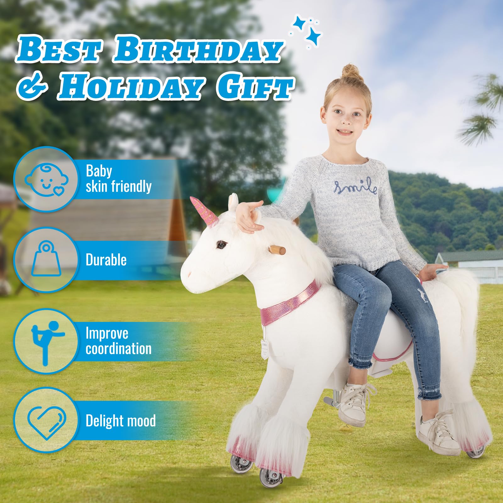 UFREE Ride-On Unicorn Plush Toy for Kids Ages 4-9 | Pink Stuffed Animal Ride-On Unicorn | Perfect for Birthday Gifts, Indoor Play & Imaginative Playtime