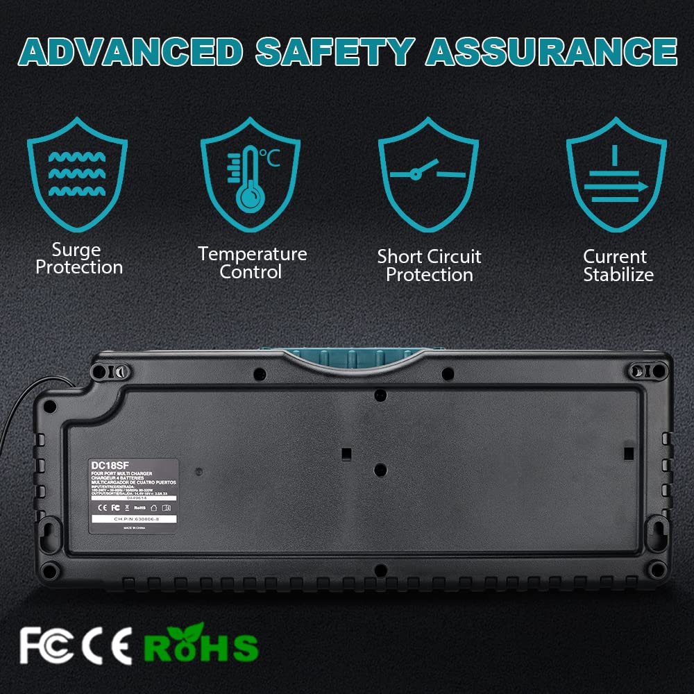 Makita 18V Battery Charger DC18SF - 4-Port Rapid Charger with Dual USB Ports | Fast Simultaneous Charging for 18V Power Tools | Perfect for Construction Sites, Workshops & Home DIY Projects