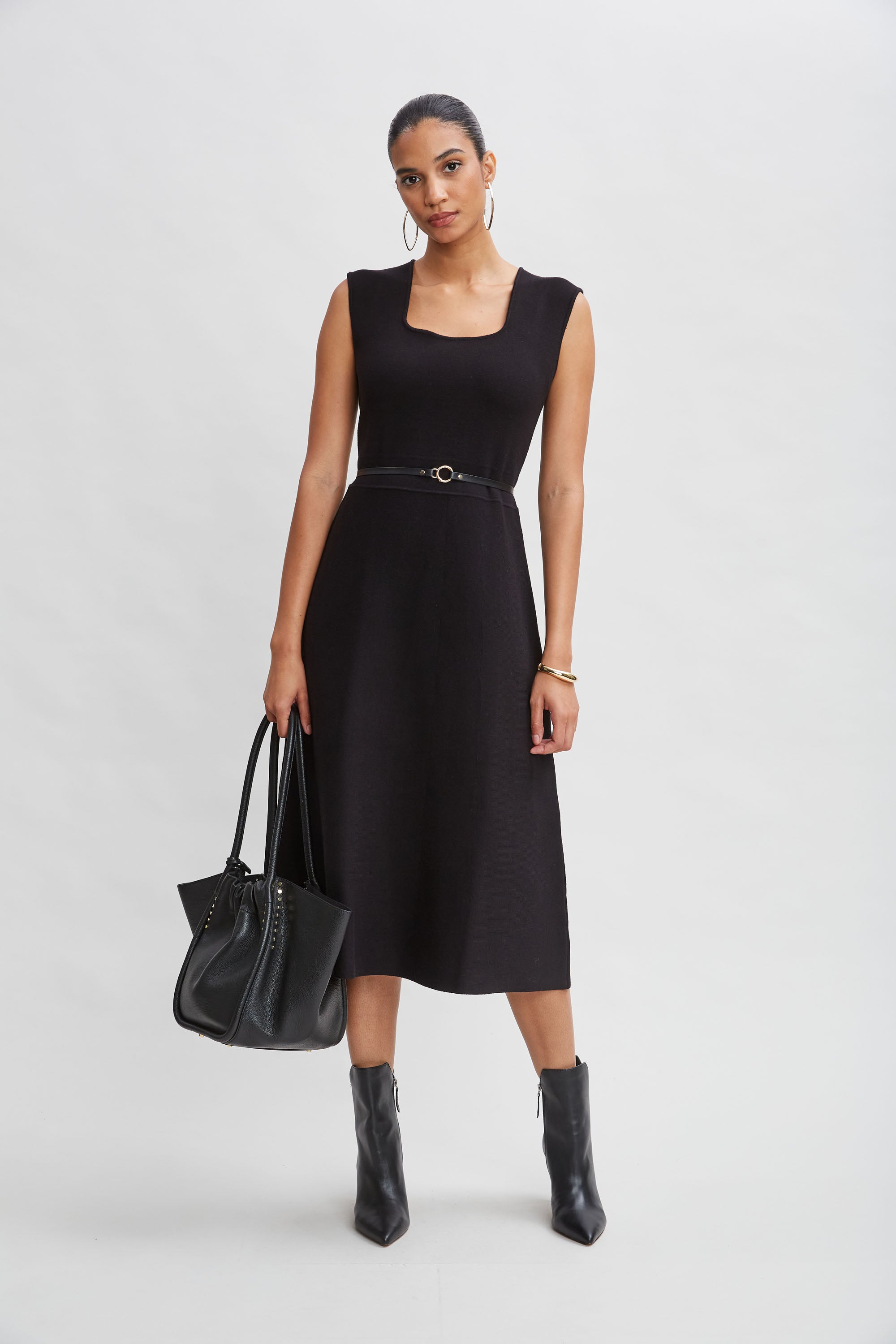 Square Neck Belted Sweater Dress for Women - Cozy Knit Pullover Tunic with Waist Tie - Perfect for Fall, Winter & Holiday Parties