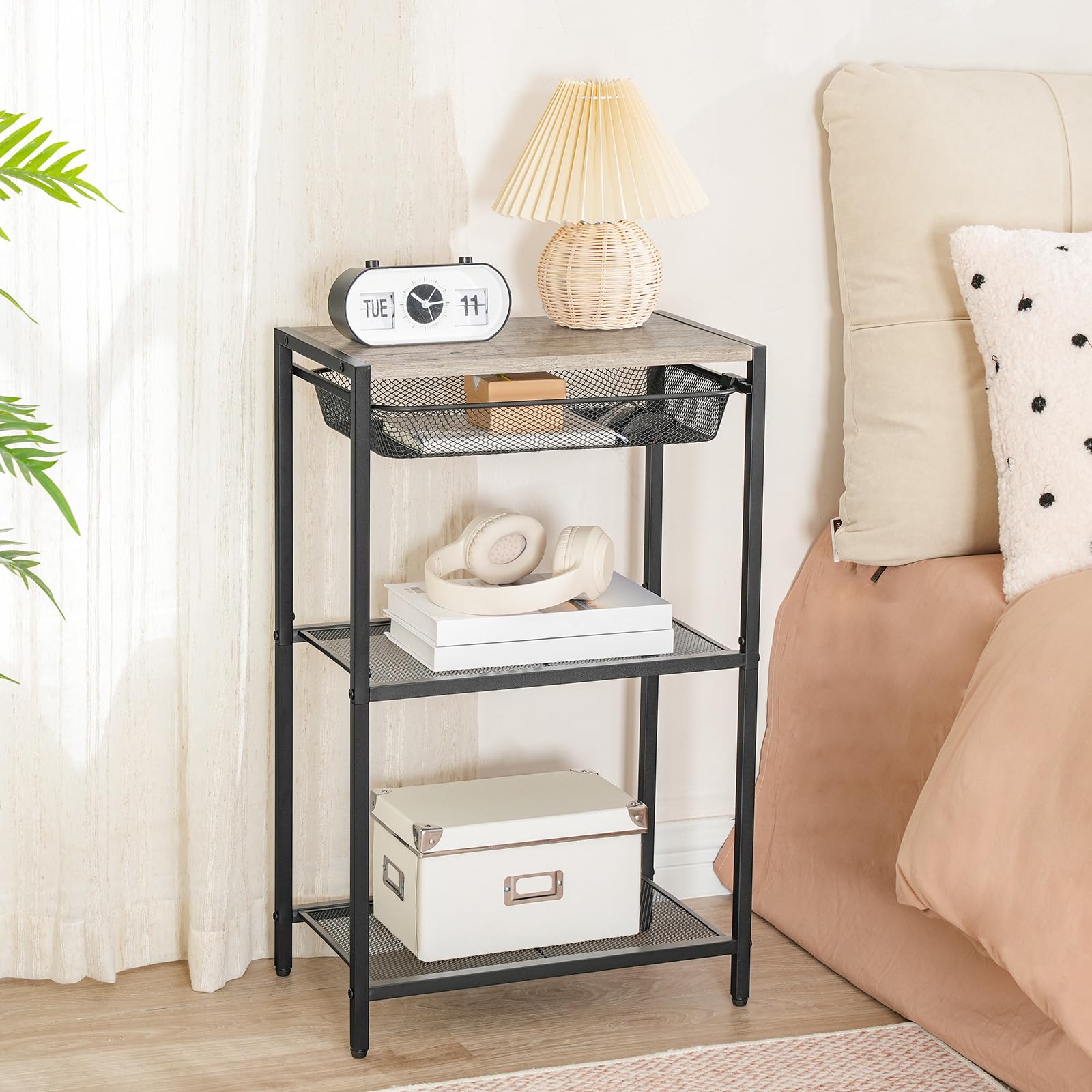HOOBRO 28.7 Inch Industrial Side Table with 3-Tier Storage & Adjustable Metal Mesh Basket - Modern End Table for Living Room, Bedroom, Office - Perfect for Small Spaces, Nightstand, Coffee Table Alternative (Greige BG06DH01)