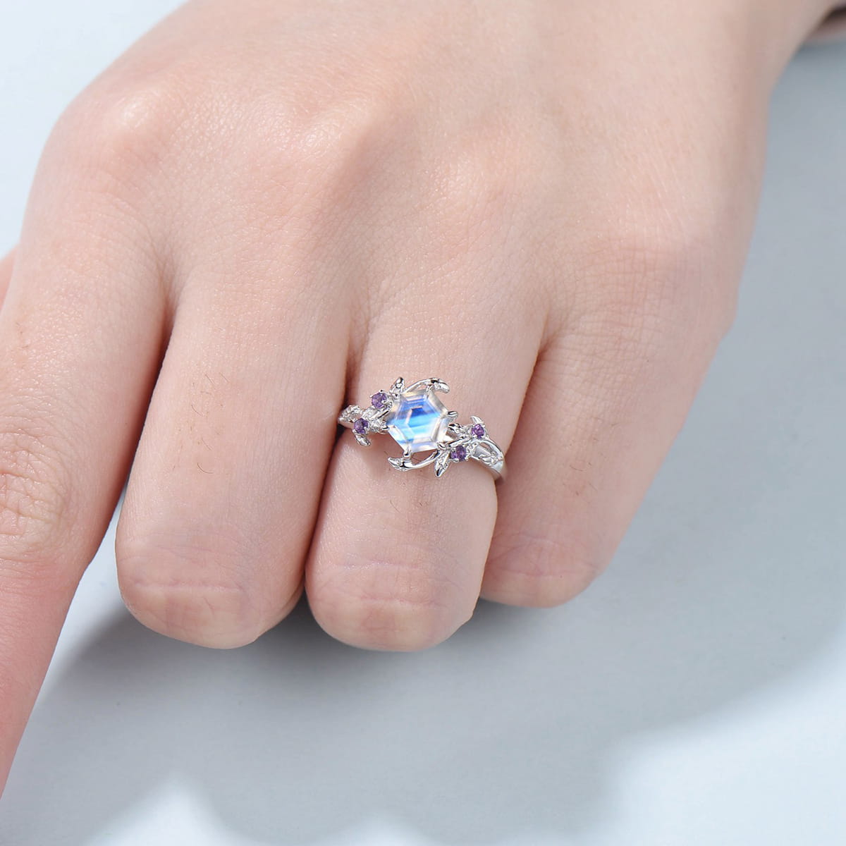 Vintage Moonstone & Amethyst Twig Engagement Ring - Elegant Nature-Inspired Leaf Cluster Wedding Band for Women (Rainbow Blue Gemstone) | Perfect for Boho Bridal, Nature Weddings & Unique Jewelry Gifts