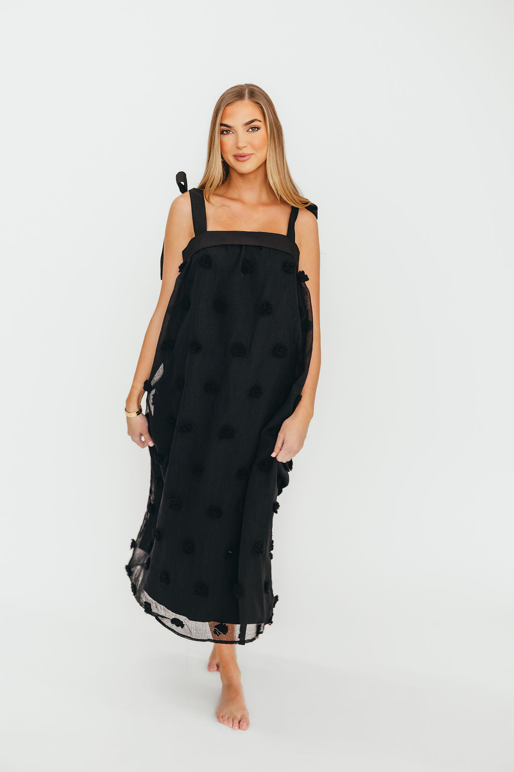 Black Catalina Blossom Embroidery Tie Strap Midi Dress - Floral Summer Dress for Beach Vacation, Garden Party & Date Night