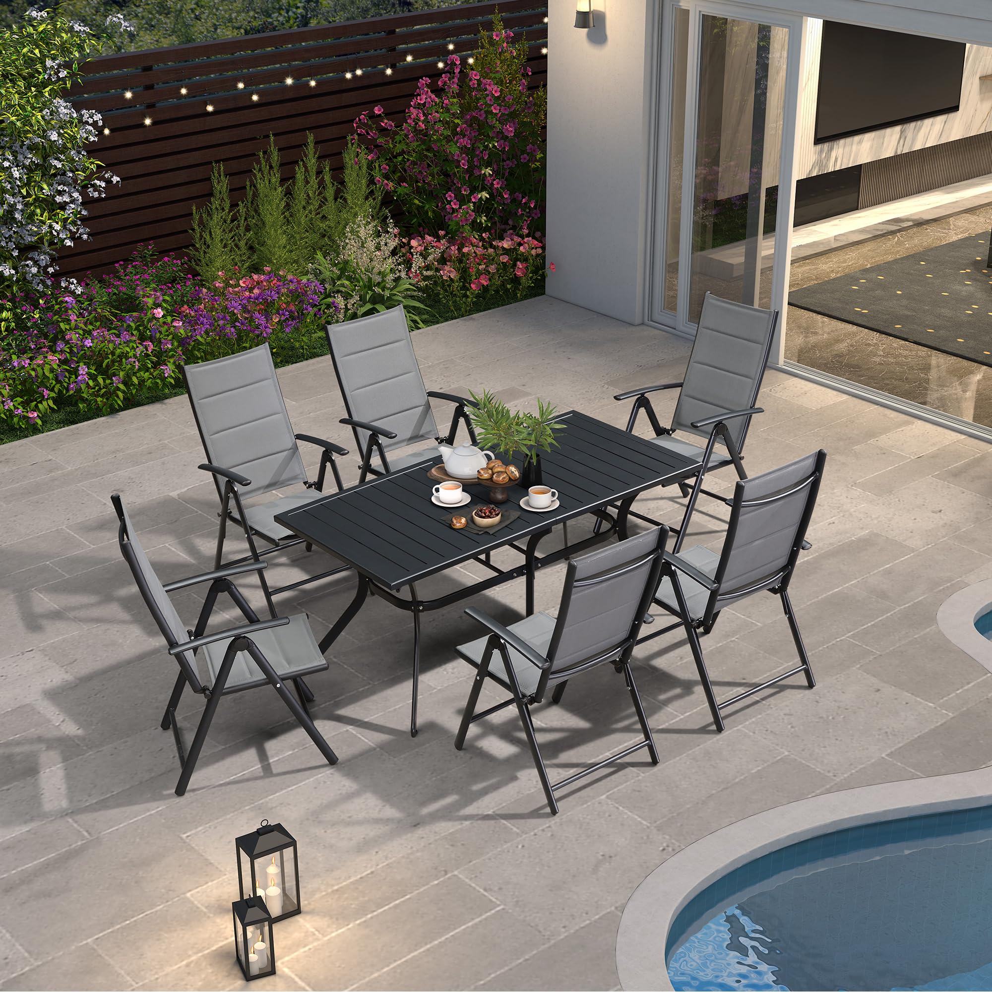 PURPLE LEAF 6-Piece Outdoor Dining Set with Adjustable All-Aluminum Black Slat Table & Padded Folding Chairs - Modern Patio Furniture for Backyard, Garden, Poolside or Terrace (Grey)