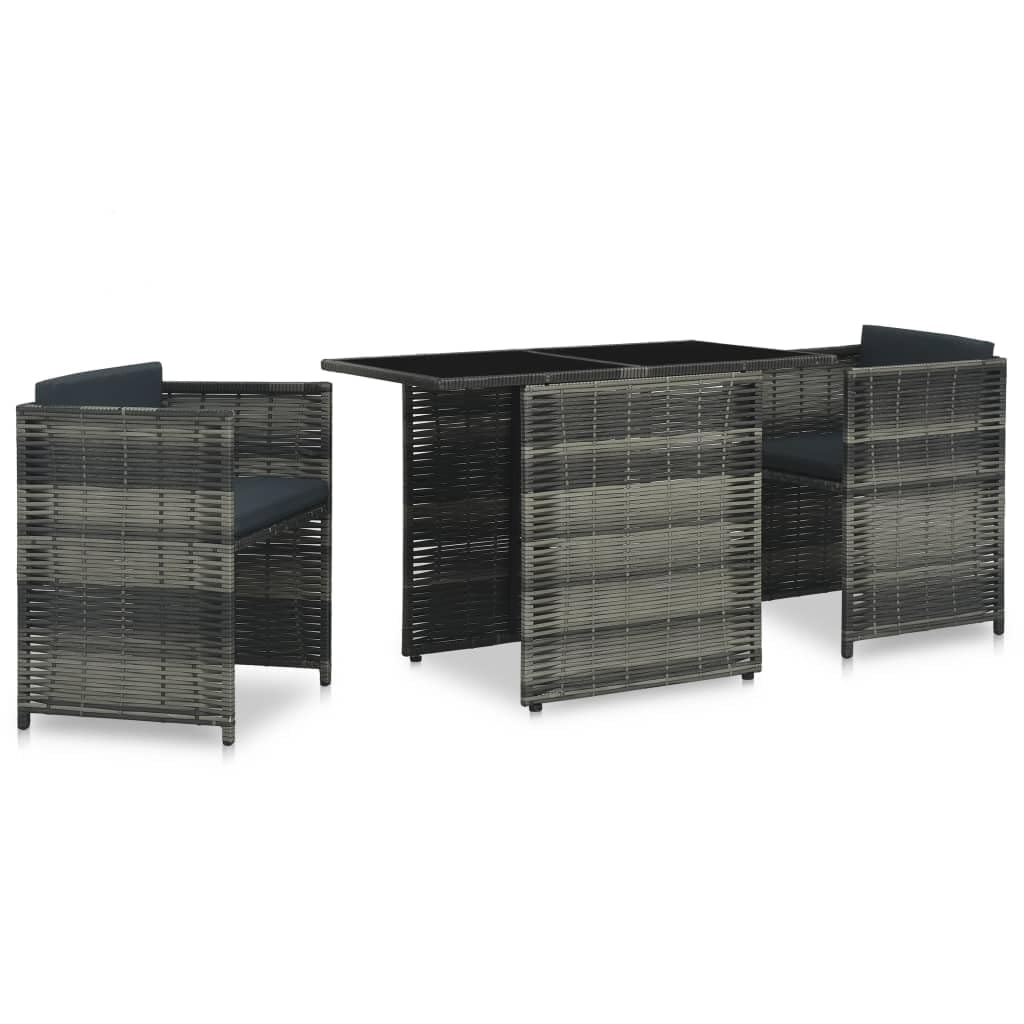 vidaXL 3-Piece Bistro Set - Waterproof Poly Rattan Outdoor Patio Furniture with Removable Cushions & Glass Tabletop in Gray & Anthracite - Perfect for Garden, Balcony, and Backyard Relaxation