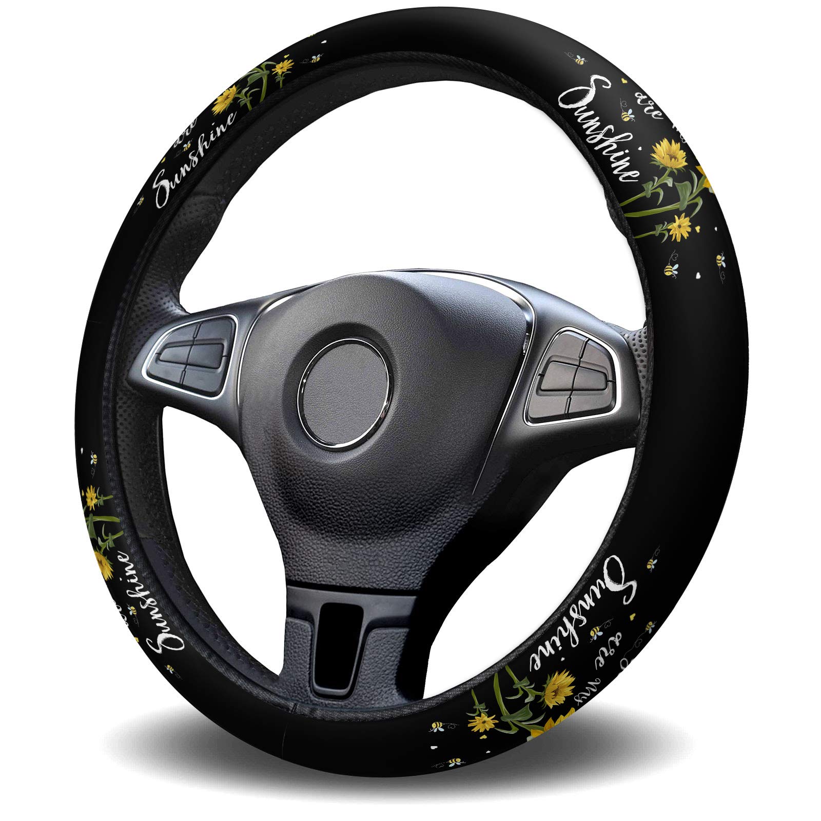 Zadaling 'You Are My Sunshine' Sunflower Floral Black Steering Wheel Cover - Elastic Sponge Non-Slip Protective Cover for Cars, Sedans, SUVs, Vans & Trucks | Perfect for Summer Road Trips & Daily Commutes