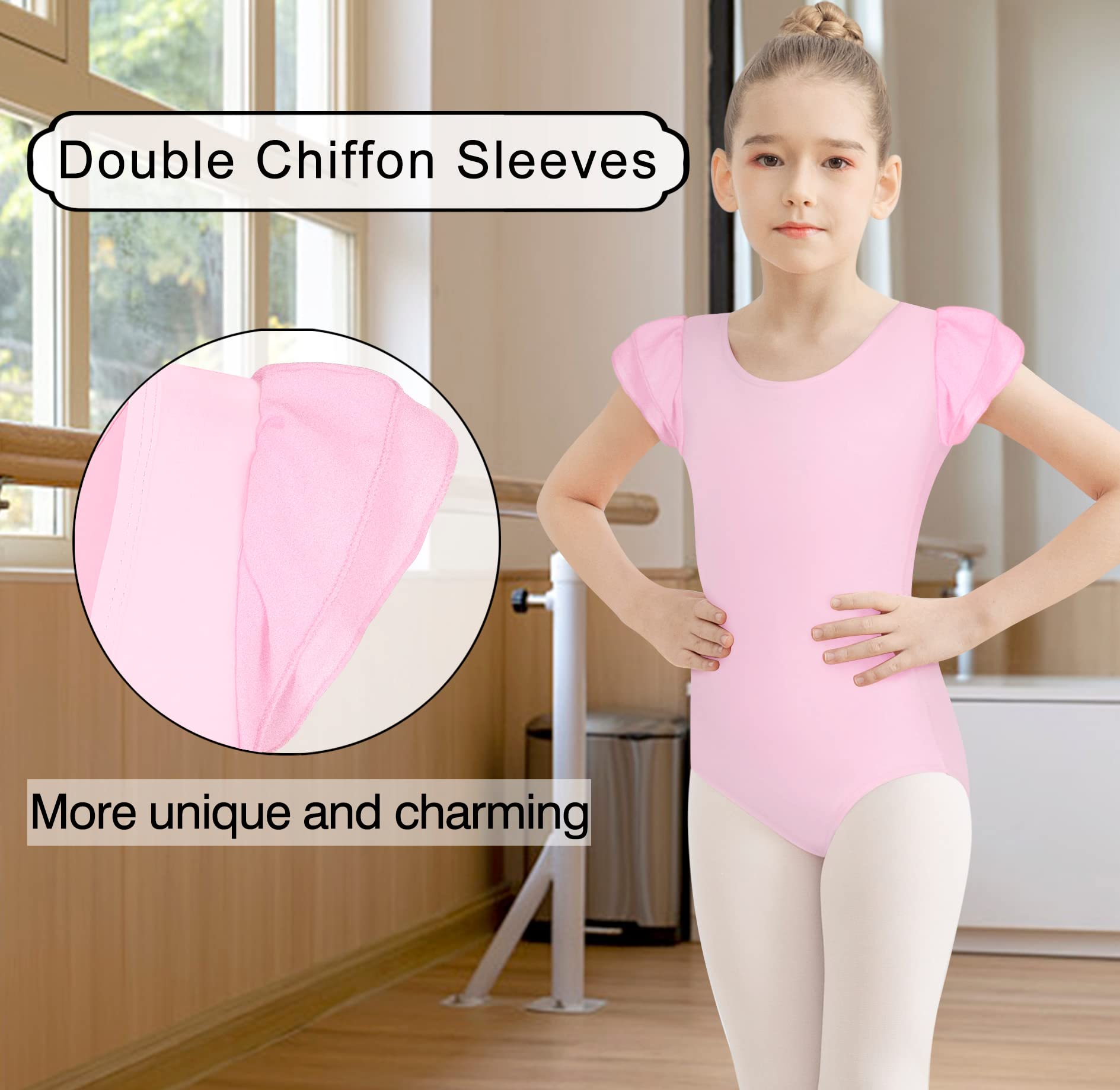MOLLDAN Girls Ballet Leotard with Criss Cross Back - Short Sleeve Dancewear for Ballet Class, Recital & Performance - Comfortable & Stretchy Leotards for Young Dancers