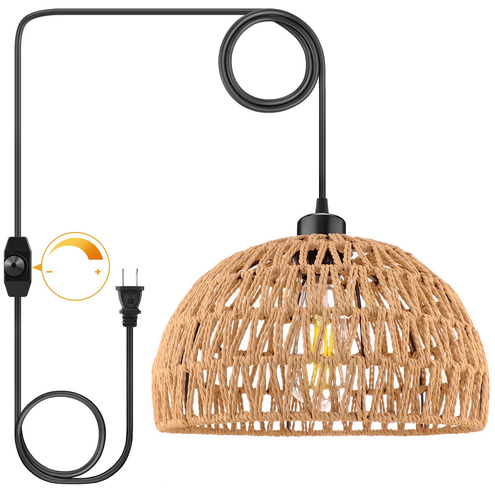 Dimmable Plug-In Pendant Light with 15FT Hemp Rope Cord & Rattan Woven Shade - Industrial Hanging Ceiling Lamp for Kitchen, Dining Room, Bedroom, Cafe Decor