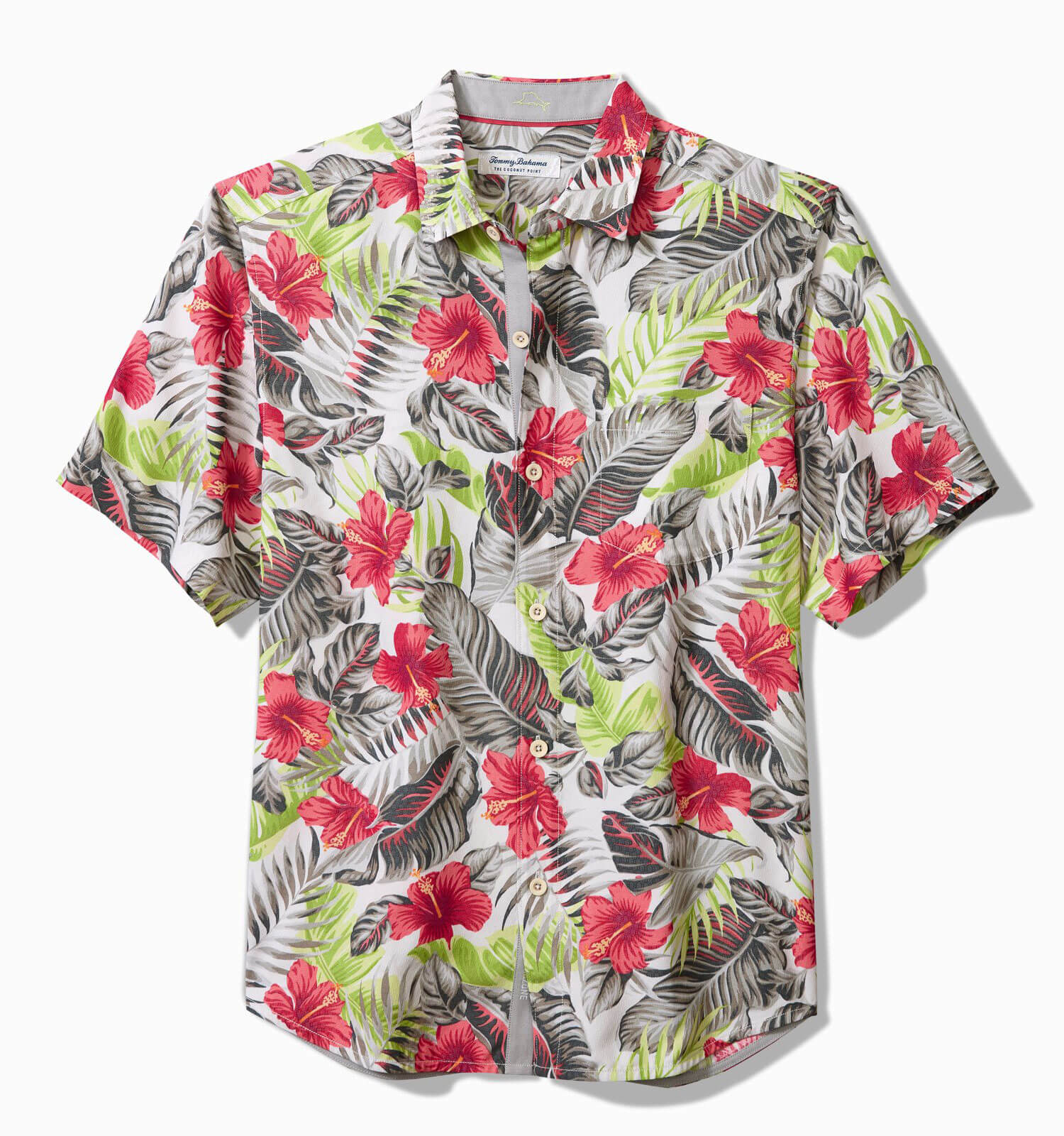 Tommy Bahama IslandZone Coconut Point Hibiscus Shores Camp Shirt for Men - Lightweight Summer Casual Button Down Shirt in Grey | Beach Vacation, Outdoor Activities, and Relaxing Wear