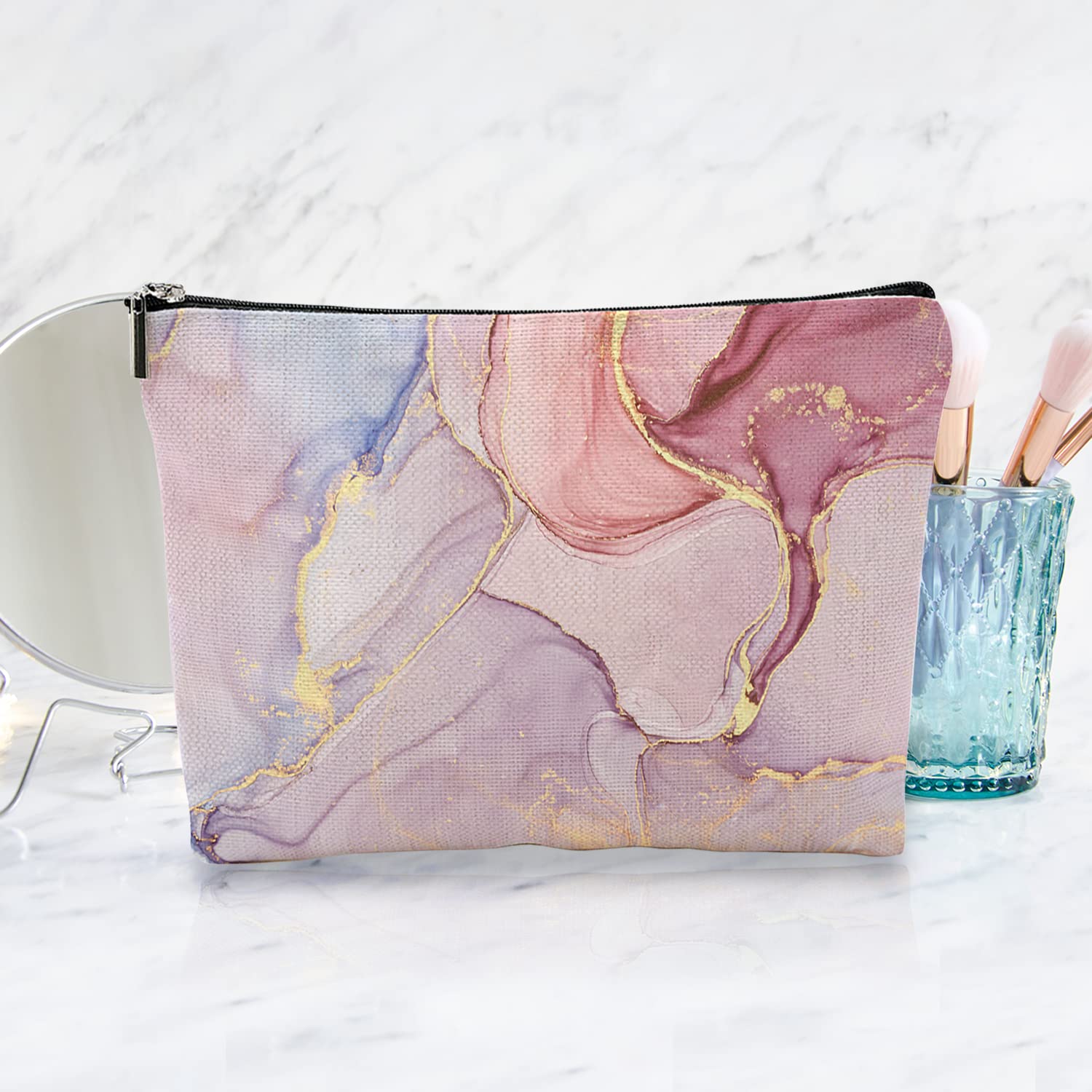 Pink Marble Makeup Travel Bag - 7x10 Inch Cosmetic Pouch for Toiletries & Beauty Essentials