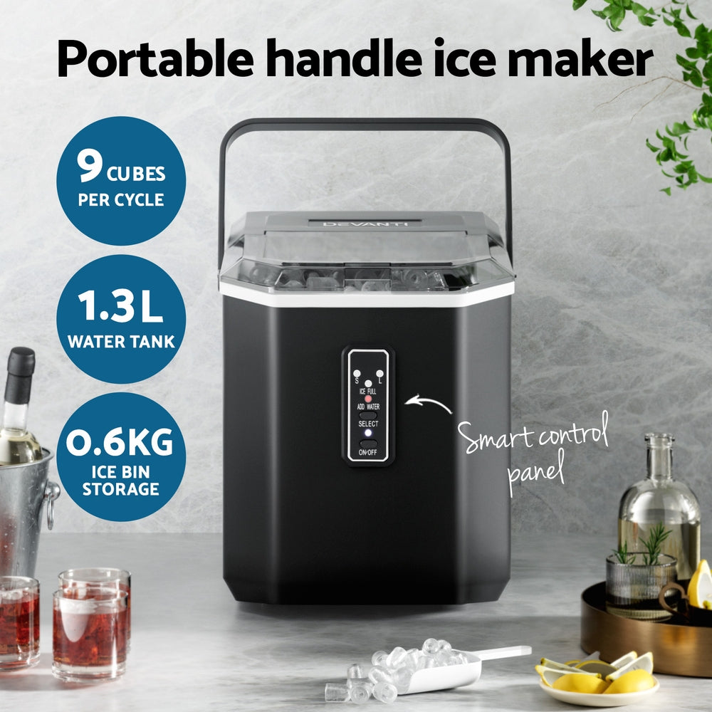 Devanti 12kg (26.5lb) Portable Ice Maker Machine with 1.3L Water Tank & Built-in Scoop Holder - Fast Ice Production for Home, Office, Party, RV & Outdoor Use - Black