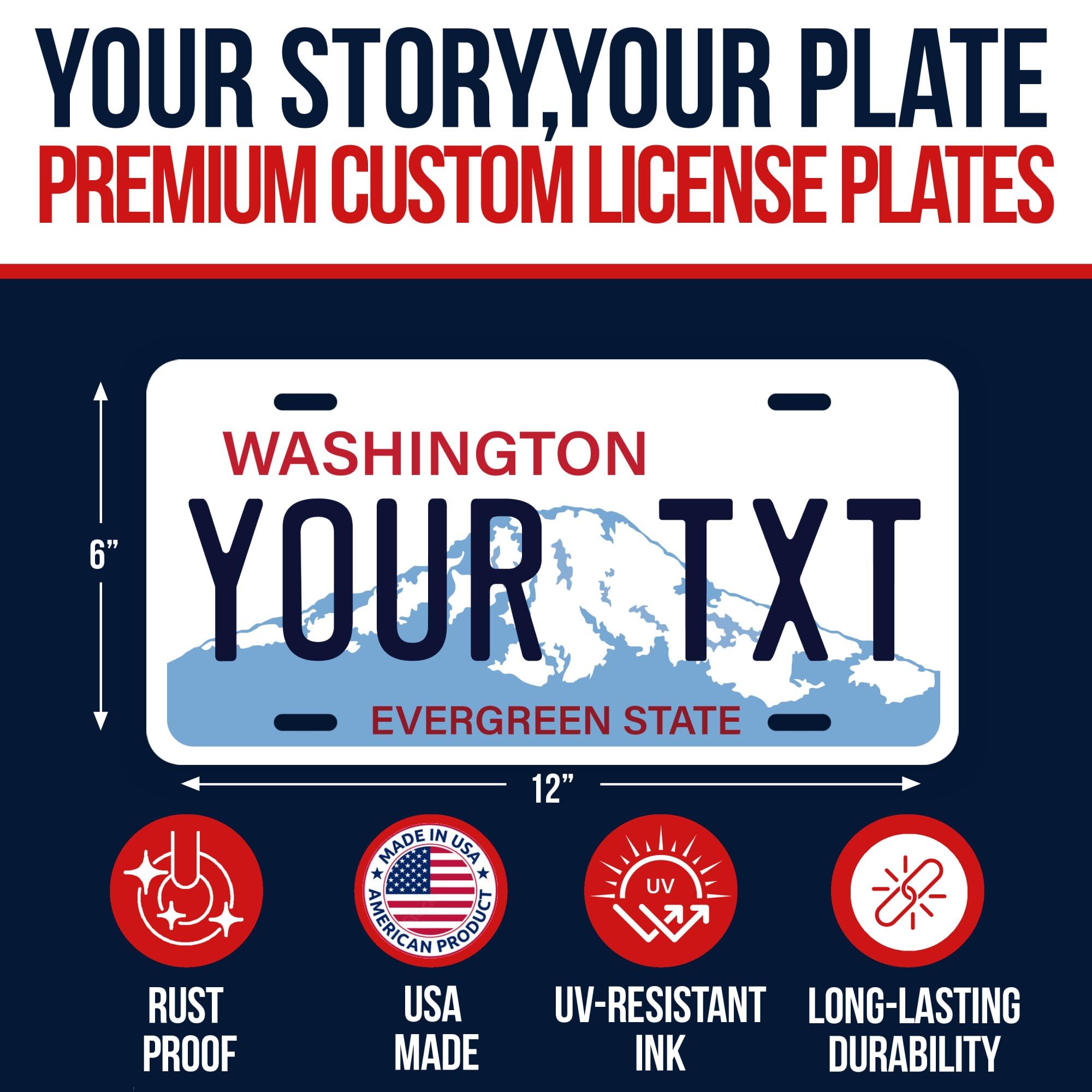 Custom Washington License Plate - Personalized 6x12 Inch WA State Car Tag - USA Made - Choose from 50 States Designs - Perfect for Cars, Trucks & Motorcycles