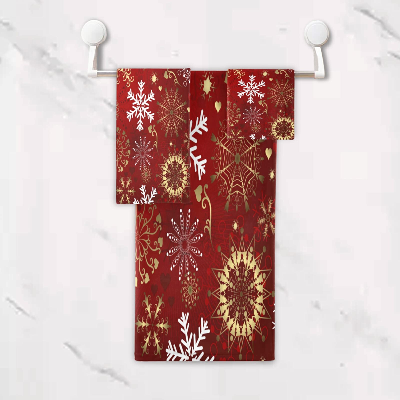 ALAZA Merry Christmas Gold Snowflake Red New Year Soft 3-Piece Bath Towel Set - 1 Bath Towel, 1 Hand Towel, 1 Washcloth for Bathroom, Spa & Hotel Luxury - Perfect for Holiday Decor & Gift Giving