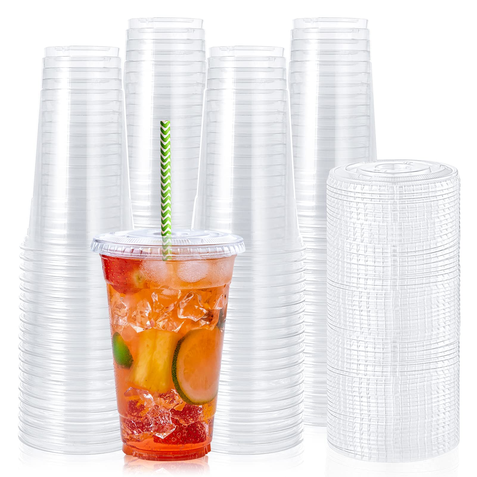 90-Pack 20 oz Clear Plastic Cups with Flat Lids - Disposable Drinking Cups for Iced Coffee, Smoothies, Slurpees & Cold Beverages - Perfect for Parties, BBQs, Picnics & Office Events