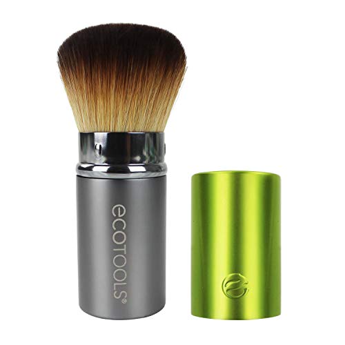 EcoTools Retractable Travel Kabuki Makeup Brush - Foundation, Blush, Bronzer & Powder Applicator - Aluminum Handle, Green - Compact & Travel-Friendly for On-the-Go Makeup Touchups