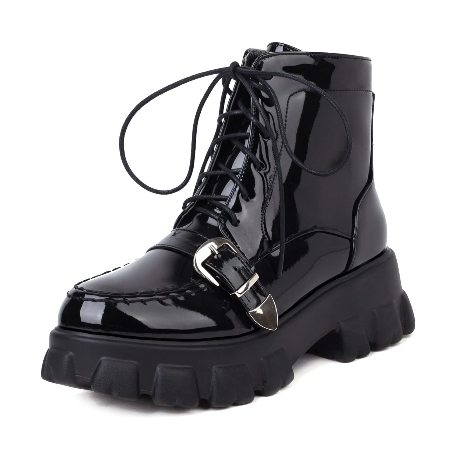 Women's Punk Goth Ankle Boots - Black Platform Combat Boots with Zipper & Buckle Straps | Outdoor, Motorcycle & Fashion Wear
