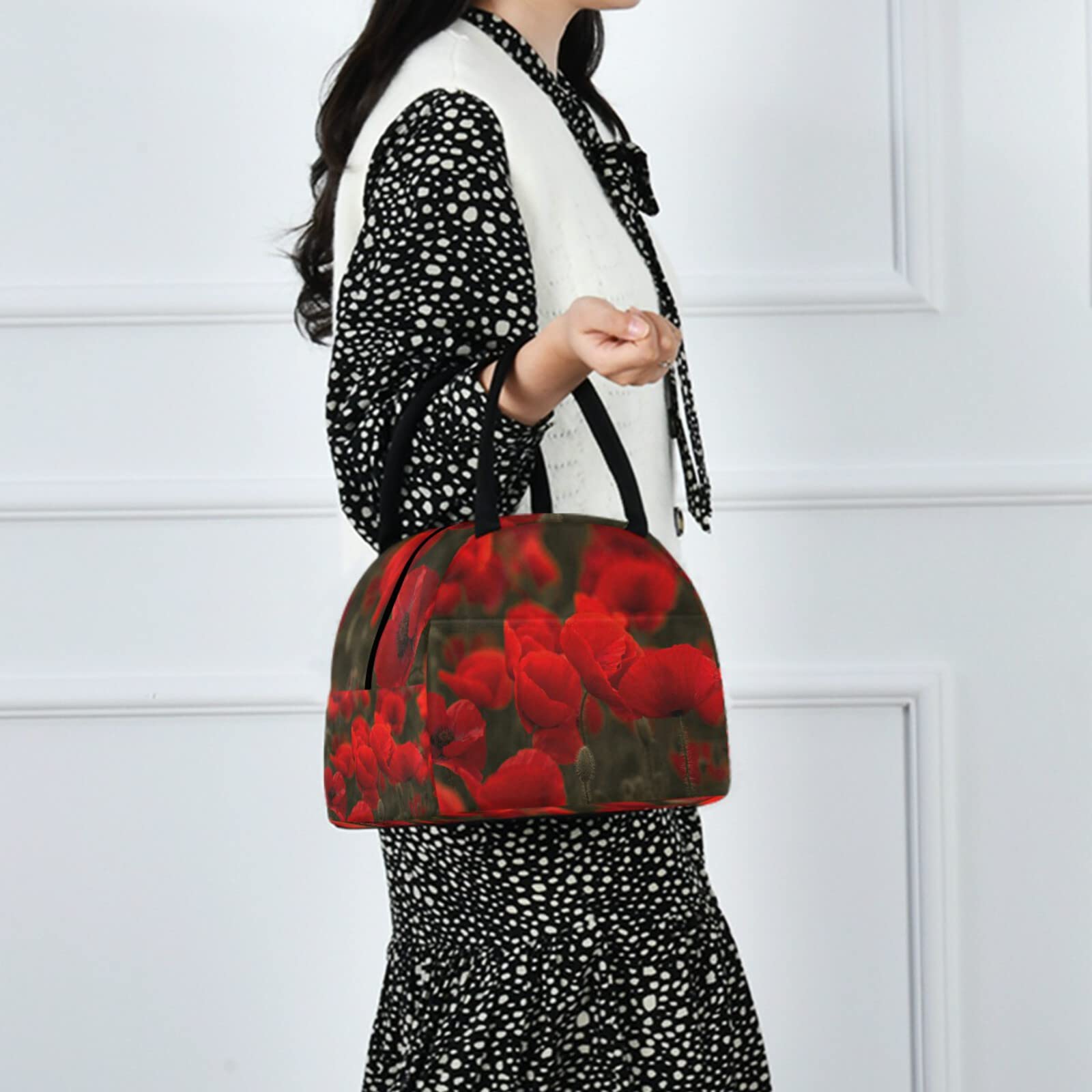 Red Poppy Lunch Tote Bag - Insulated Cooler for School, Work & Picnic
