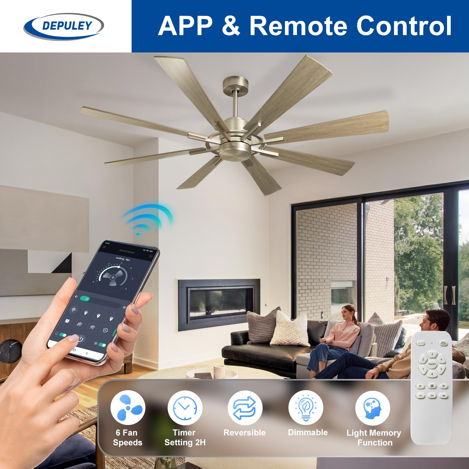 Depuley 60 Inch Smart Ceiling Fan Without Light - Remote & APP Control, Reversible 8 Blade Wood Farmhouse Fan for Indoor/Outdoor Use, Quiet DC Motor with Memory Function & Timer | Perfect for Living Rooms, Bedrooms, Patios & Large Spaces
