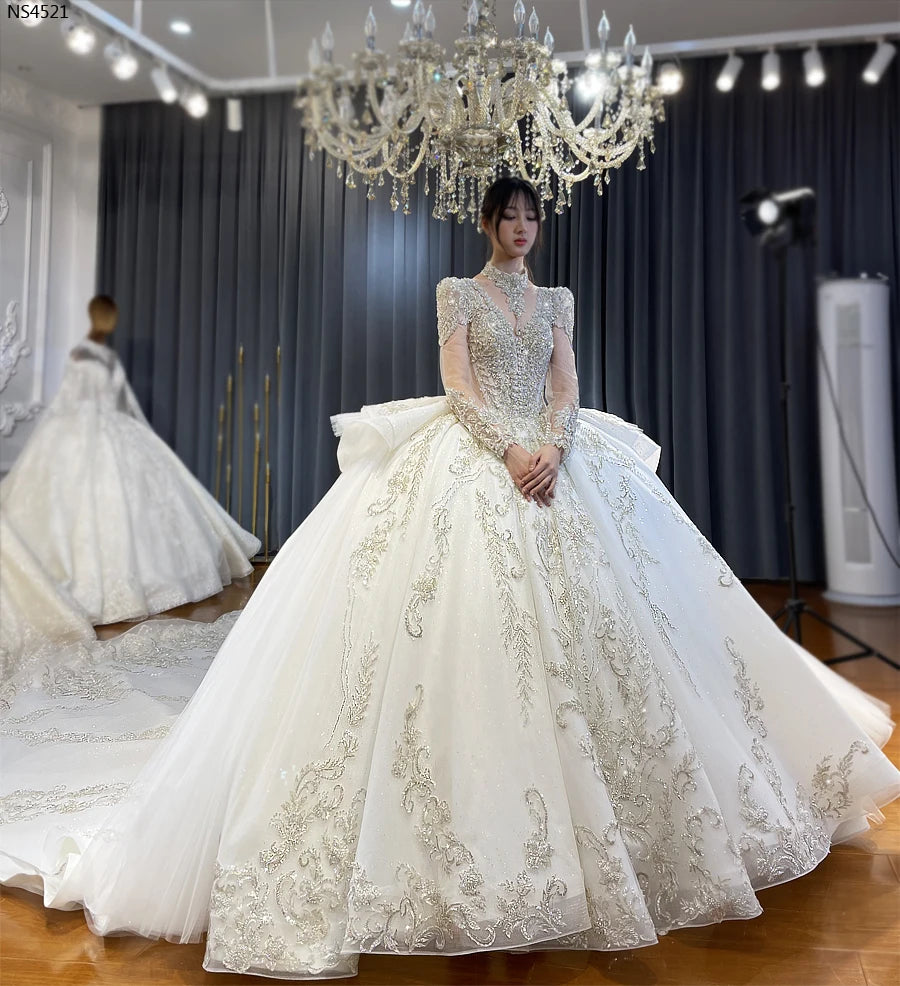 Elegant V-Neck Long Sleeve Ball Gown Wedding Dress with Ruffles - Perfect for Bridal, Formal Events & Special Occasions