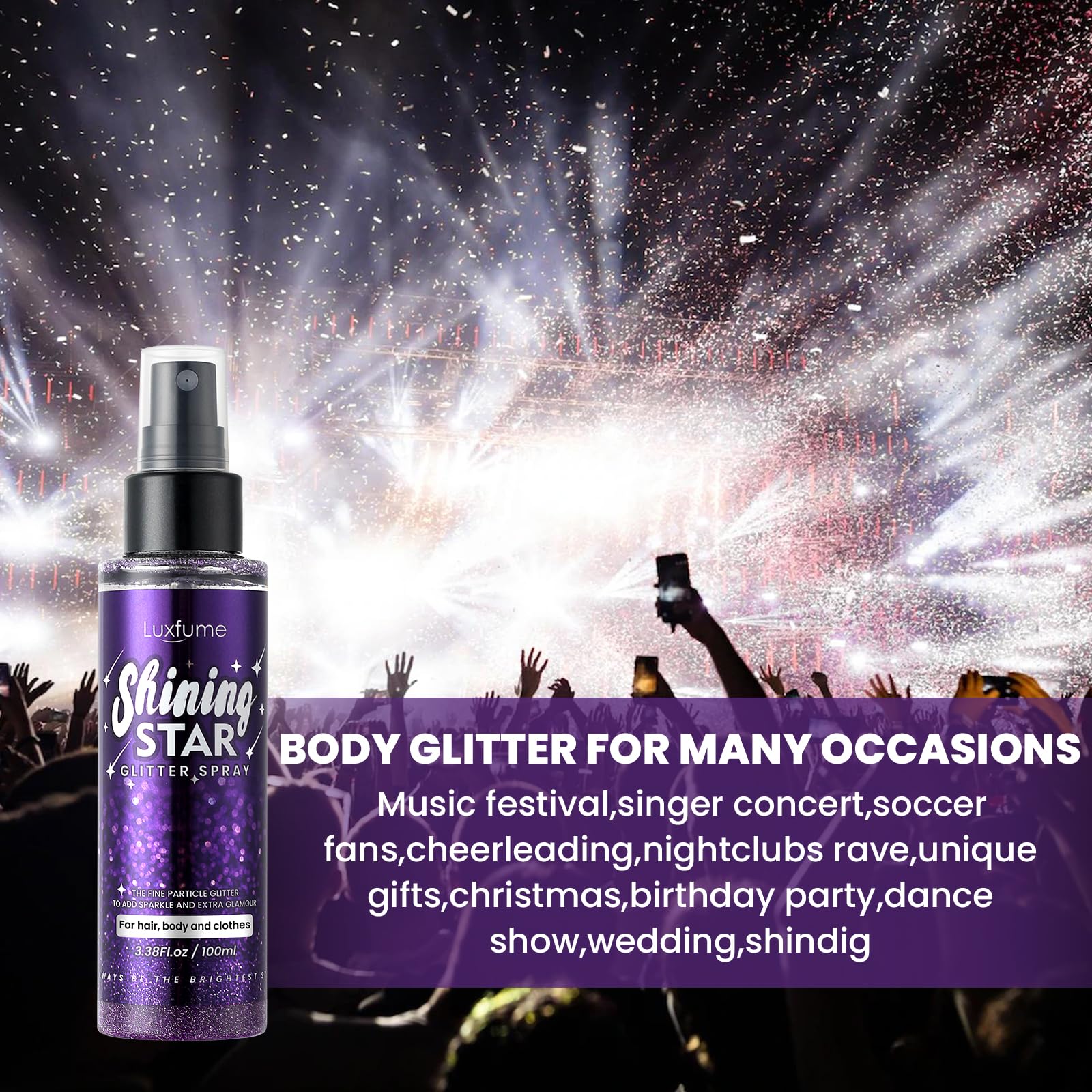 Purple Body Glitter Spray & Hairspray - Quick-Drying, Waterproof, Nozzle-Clog Resistant, Long-Lasting Shine for Stage Makeup, Costumes & Festival Looks (3.38Oz)
