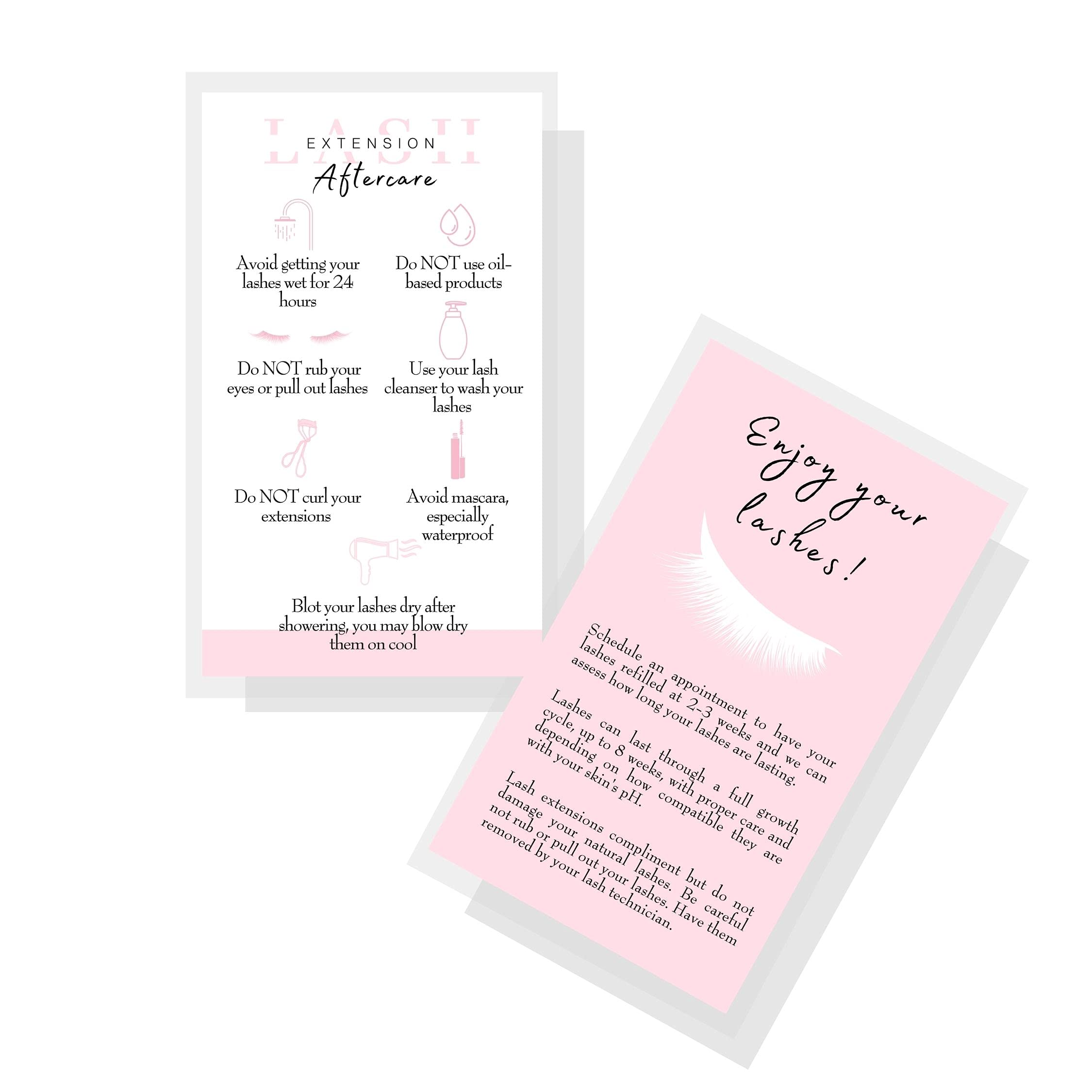 50 Pack Lash Extension Aftercare Cards - 3.5 x 2 Inch Business Card Size - White & Light Pink Eyelash Extension Supplies - Perfect for Lash Technicians & Salons to Educate Clients