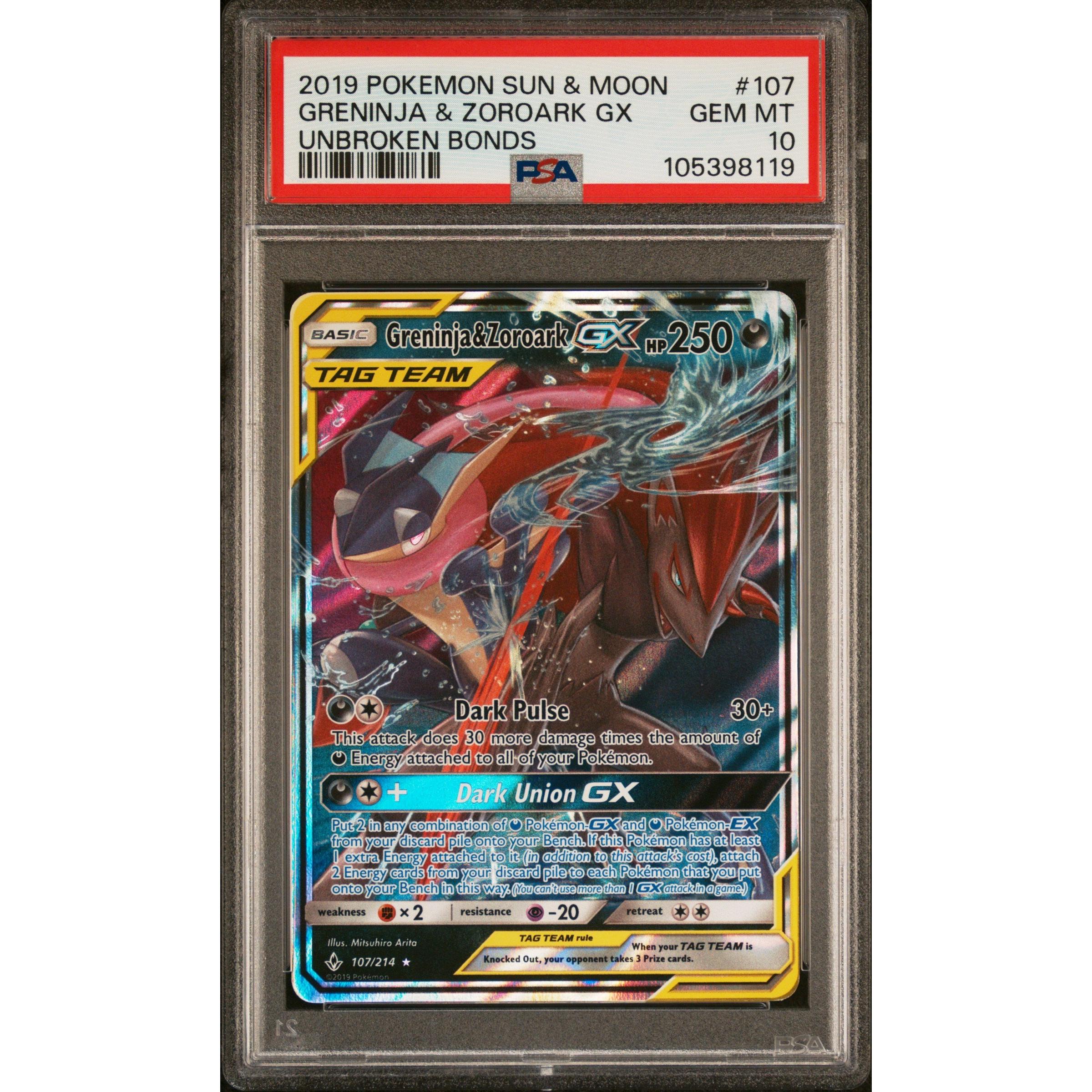 2019 Pokemon Unbroken Bonds Greninja & Zoroark GX 107/214 PSA 10 Graded Card - Rare Collectible for Trading Card Game Players and Pokemon Fans