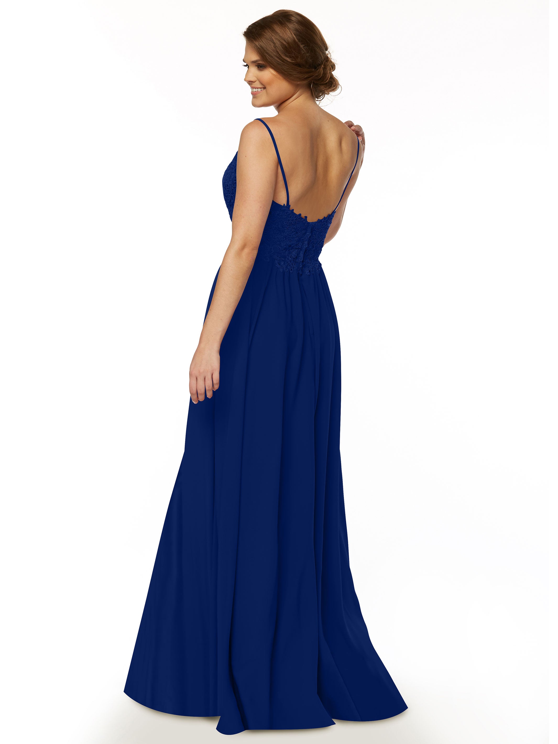 Elegant A-Line Stretch Chiffon Bridesmaid Dress with Lace Bodice & High Slit - Perfect for Weddings, Formal Events & Special Occasions