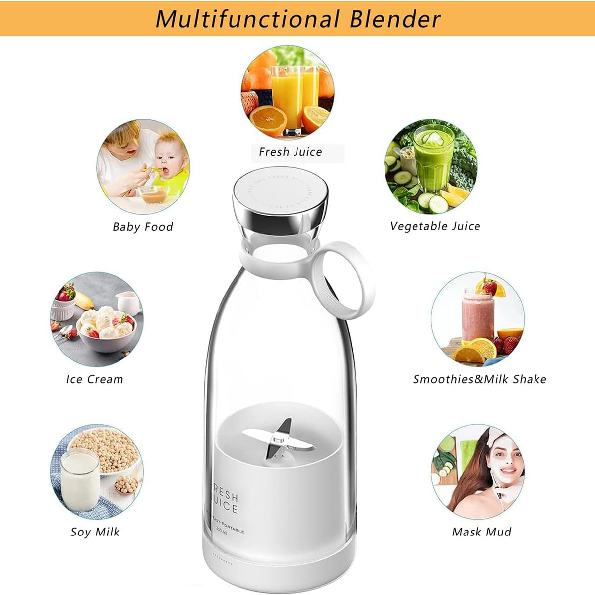 Portable Juicer Blender - 350ml Wireless Electric Blender for Fresh Juice, Smoothies & Milkshakes | Compact Travel-Ready Design | Perfect for Home, Office, Gym & Outdoor Adventures