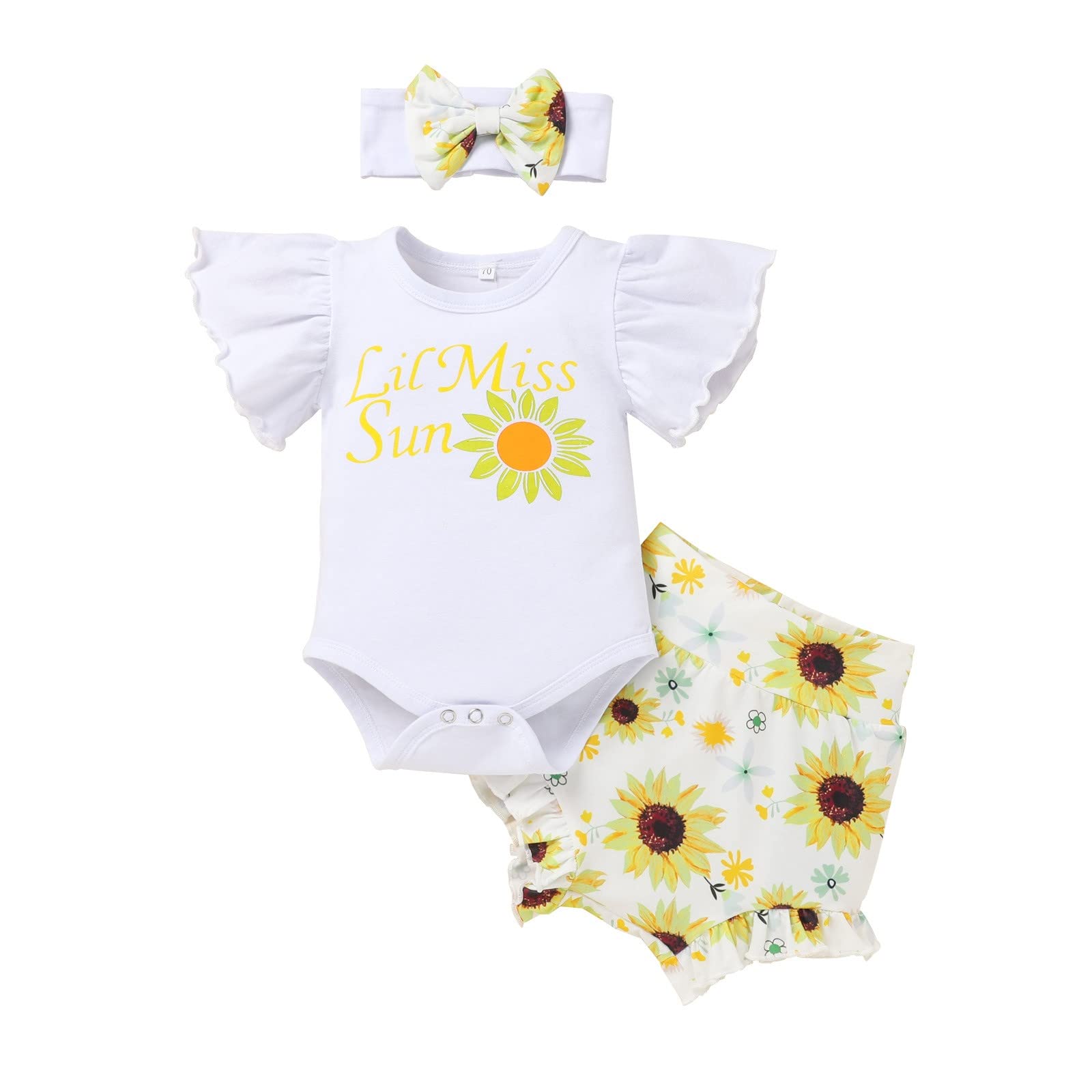 3-Piece Newborn Baby Girl Outfit Set - Short Sleeve Letter T-Shirt, Sunflower Printed Shorts & Headband | Cute Summer Baby Clothes for Photoshoots, Playdates & Special Occasions