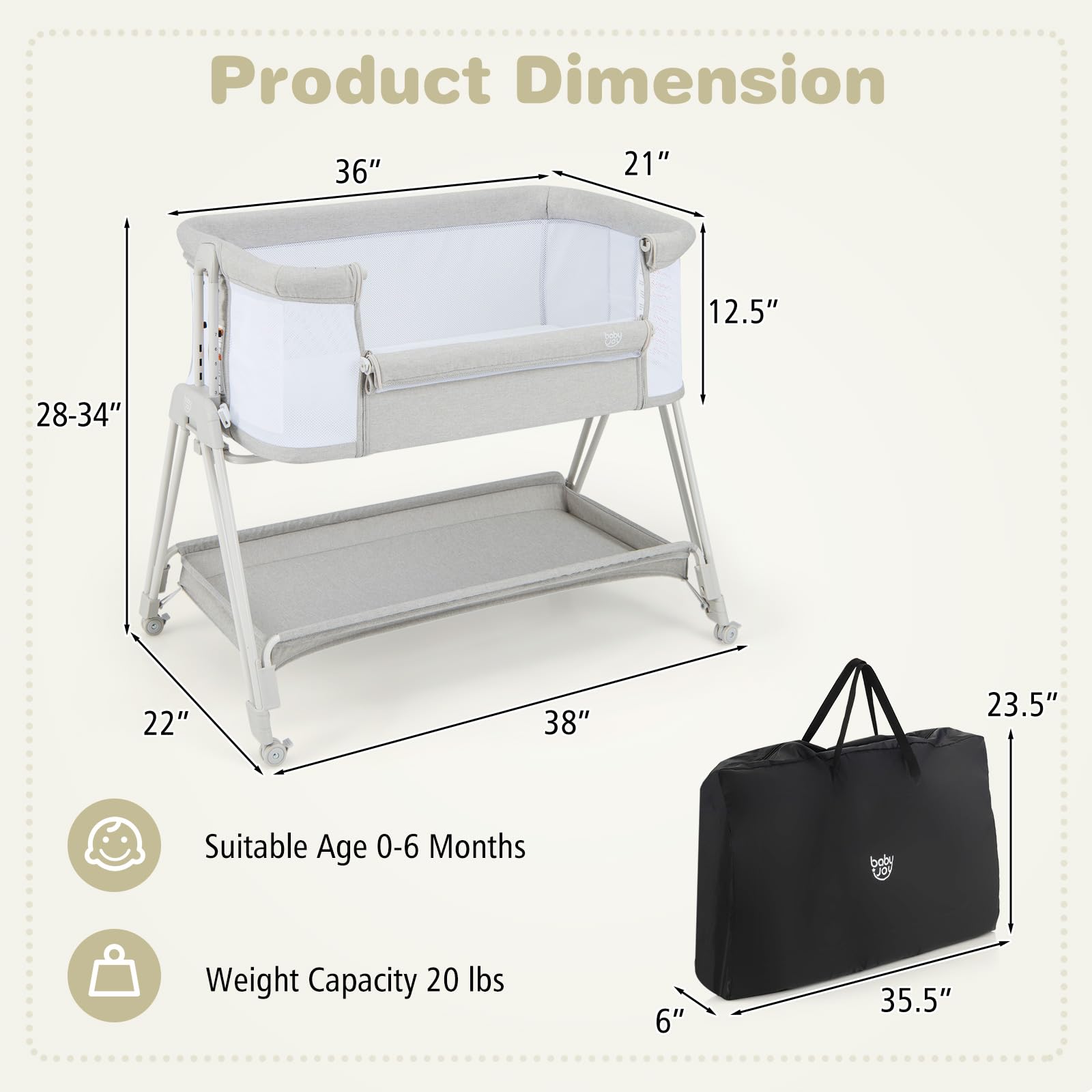 Baby Joy Portable Bassinet Bedside Sleeper - Foldable Baby Crib with Breathable Mesh Sides, Storage Shelf & Travel Bag - 7 Adjustable Heights for Safe Co-Sleeping - Includes Mattress - Ideal for Newborns & Infants (Gray) - Perfect for Nursery, Bedroom & Travel Use