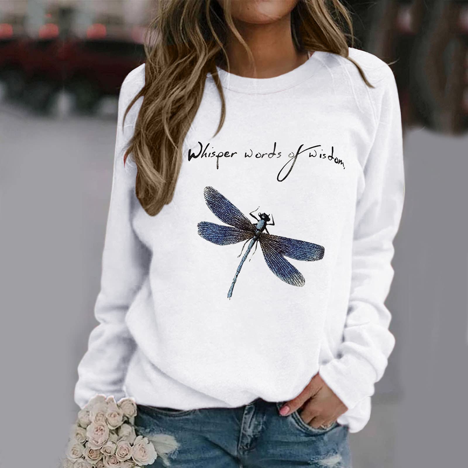 Women's Pullover Sweatshirt - Cute Dragonfly & Letter Print Crew Neck Long Sleeve Blouse, Casual Fall Tunic Top White Tee | Perfect for Autumn Layering, Weekend Outfits & Cozy Home Wear