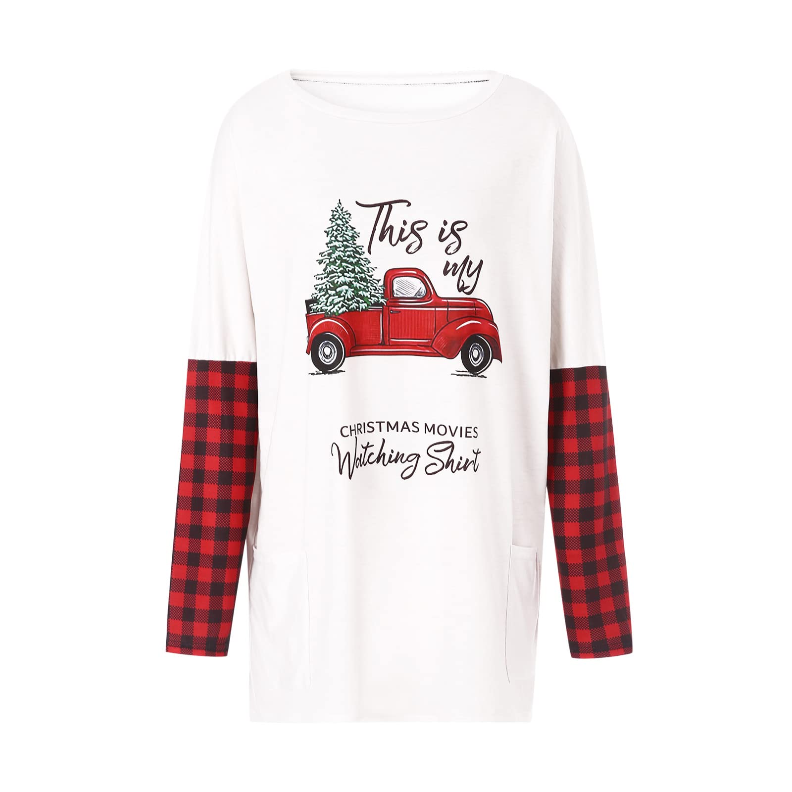 YHLZBNH Women's Christmas Contrast Color Long Sleeve T-Shirt - Round Neck Holiday Print Casual Top for Autumn & Winter (White, Large) - Perfect for Christmas Parties, Family Gatherings & Festive Outfits