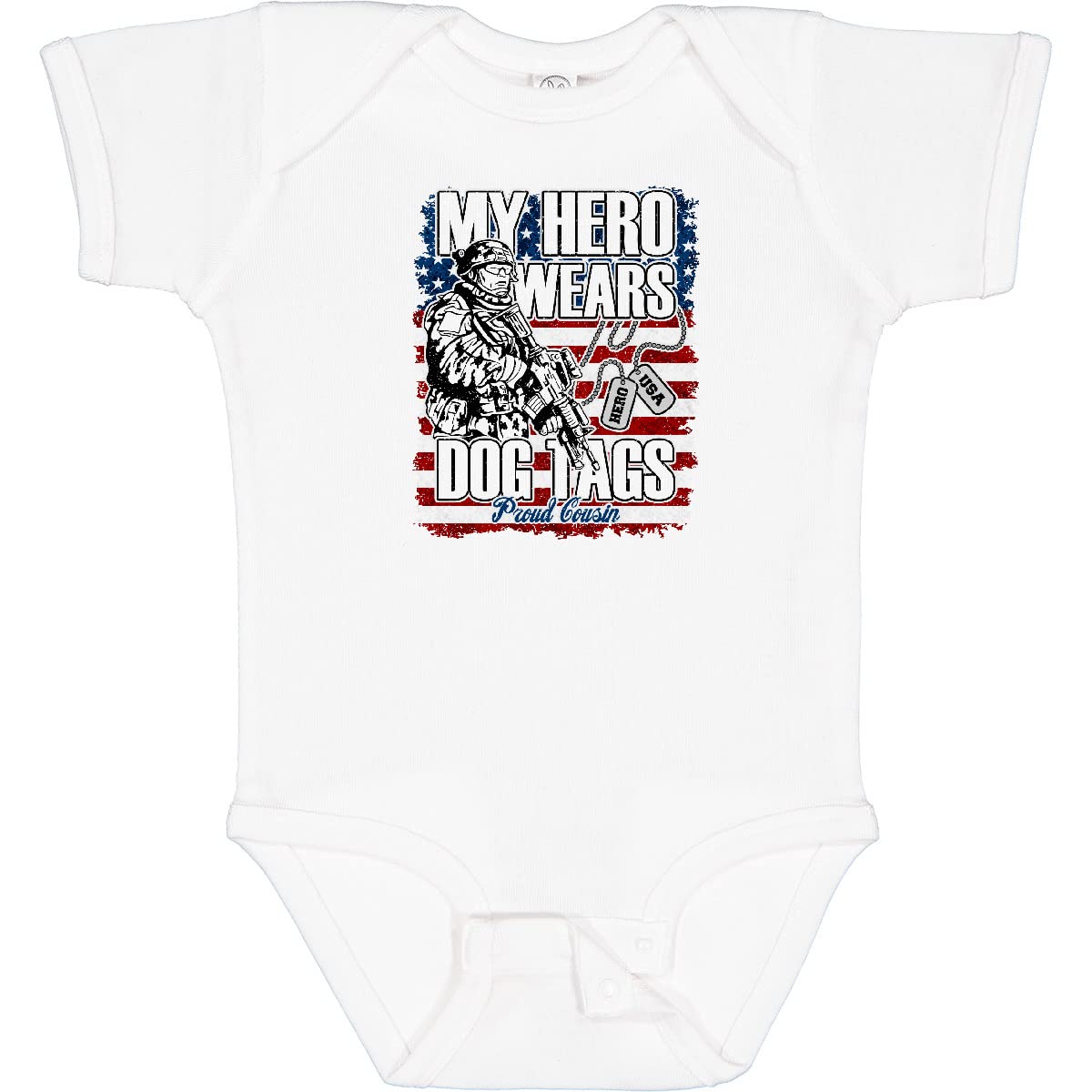 Inktastic My Cousin Wears Dog Tags Hero USA Flag Baby Bodysuit - Patriotic Military Apparel for Infants & Toddlers - Perfect for Veterans Day, Memorial Day & Family Gatherings