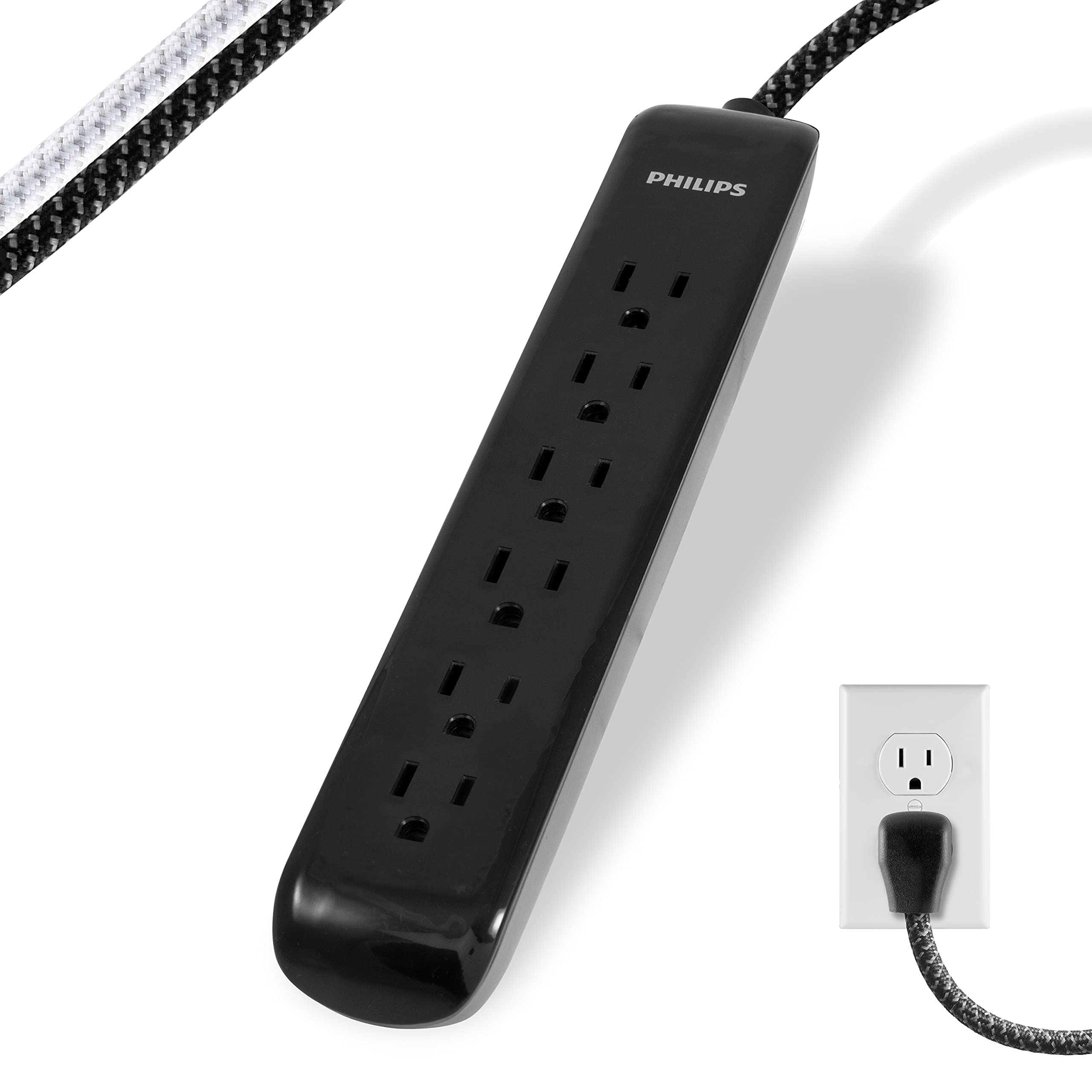 Philips 6 Outlet Surge Protector Power Strip with Braided Cord - 4 Ft Flat Plug Extension, 720 Joules ETL Certified for Home Office, Gaming & Entertainment Setup