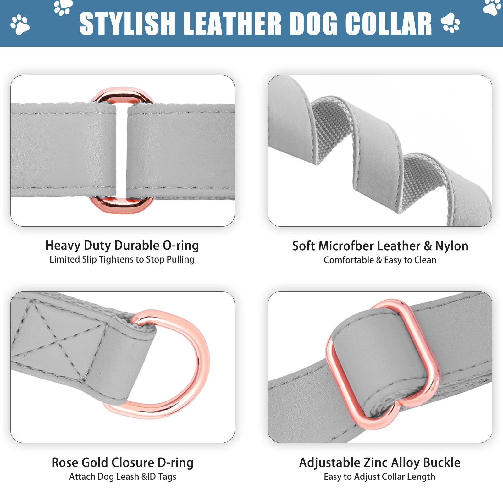 Premium Soft Leather Martingale Dog Collar - Adjustable Rose Gold No-Pull Training Collar for Small, Medium & Large Dogs | Durable Nylon Design, Easy to Clean | Perfect for Daily Walks, Obedience Training & Grooming Sessions (Grey)