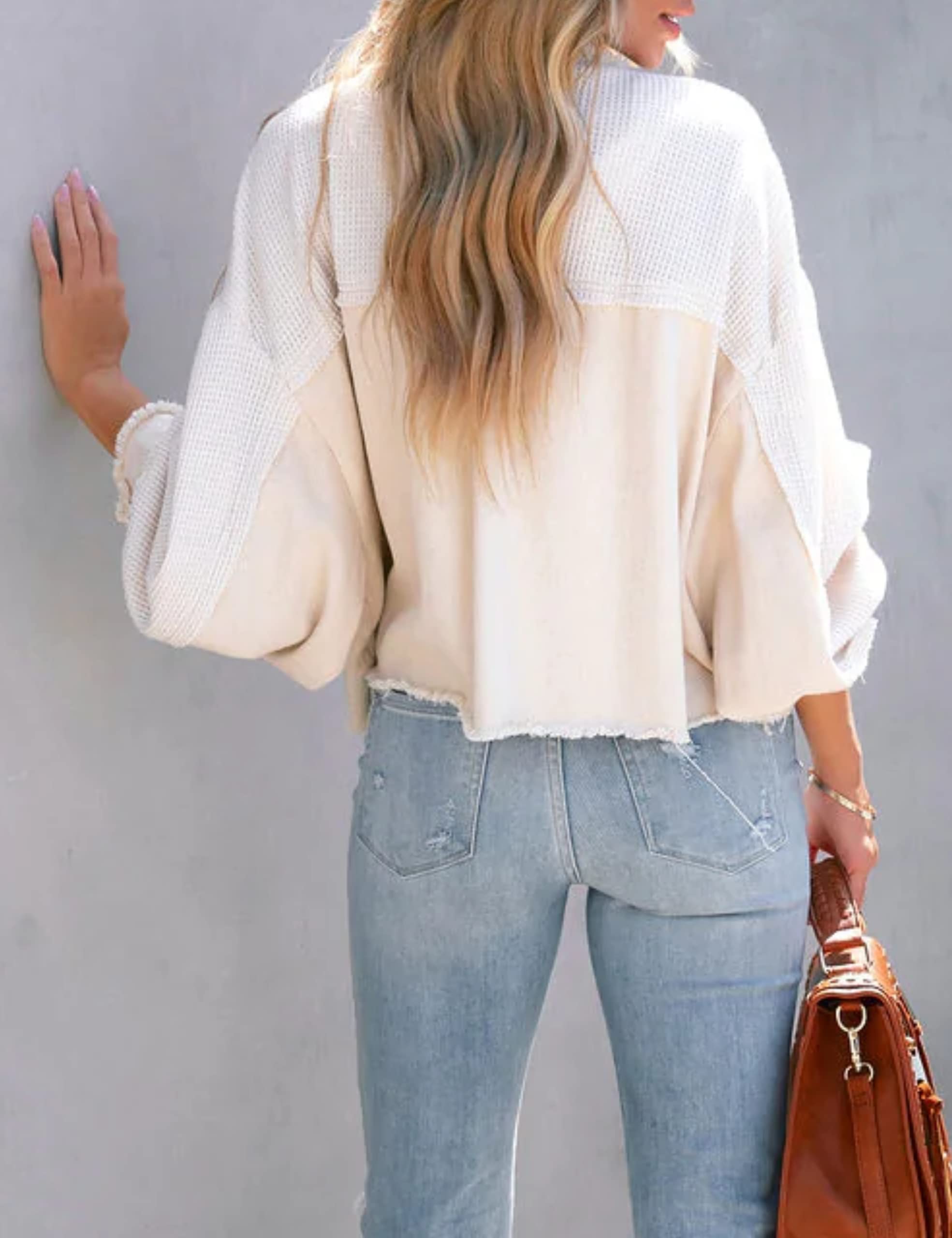 Women's Frayed Hem Waffle Knit Denim Jacket - Cropped Boyfriend Style Button Down Shirt Jacket with Spliced Design | Casual Outfits, Streetwear & Layering Essential