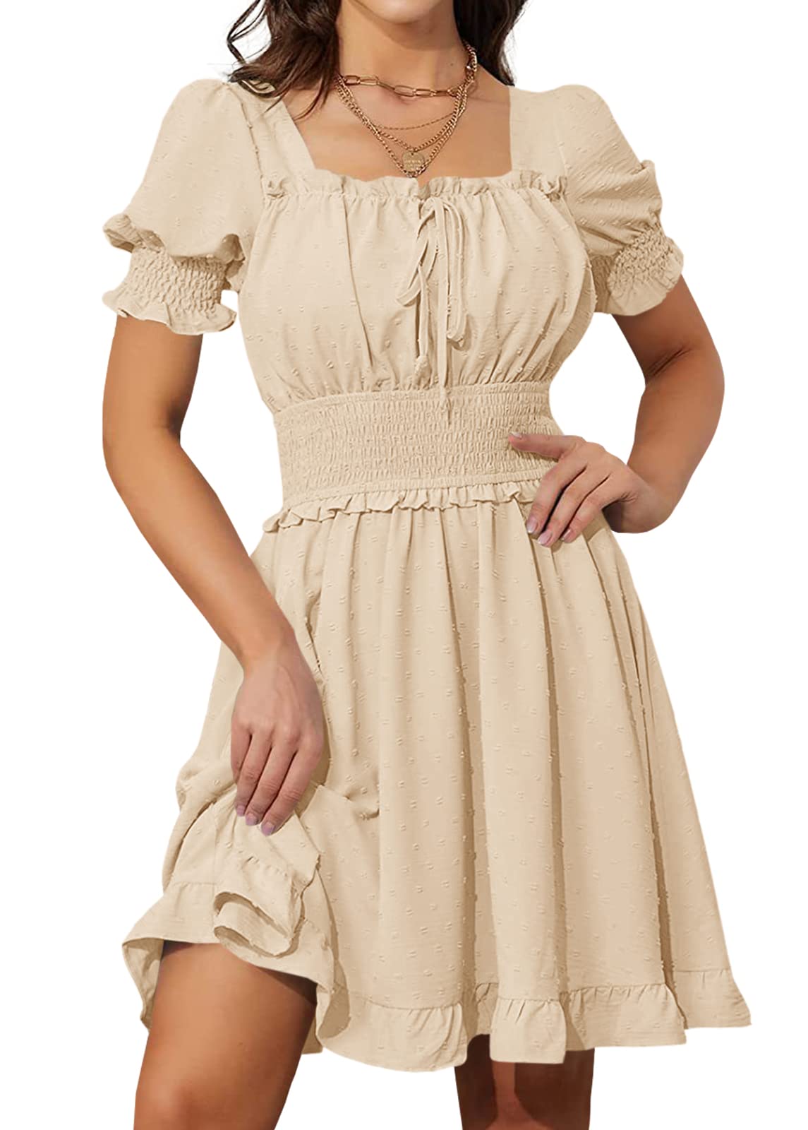 Turkiya Women's Summer Short Sleeve Smocked Ruffle Dress - Elastic High Waist Flowy Mini Dress for Casual Wear, Beach Vacation & Date Night Outfits