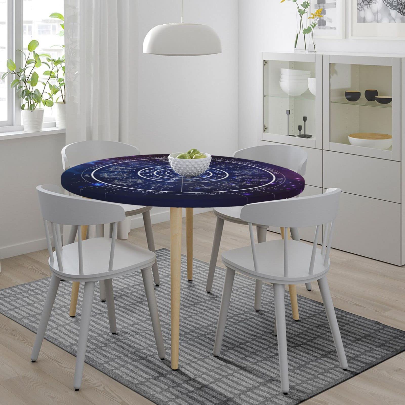 Galaxy Tarot Horoscope Wheel Tablecloth - Zodiac Round Elastic Edge Fitted Table Cover for 40
