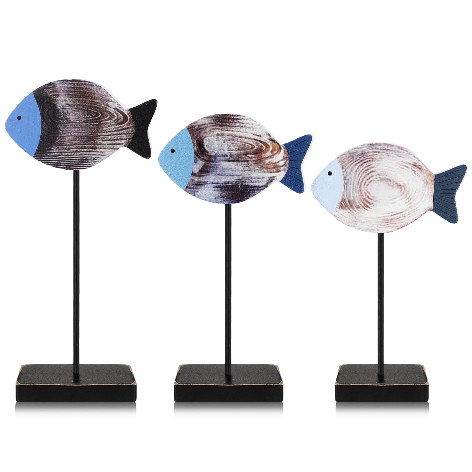 3 Pcs Wooden Sea Fish Table Decor - Coastal Beach House & Farmhouse Style Rustic Wood Fish Ornaments for Summer - Perfect for Home, Office, Bedroom, Shelf & Desk Decor - Great for Coastal Theme Parties & Vacation Home Styling