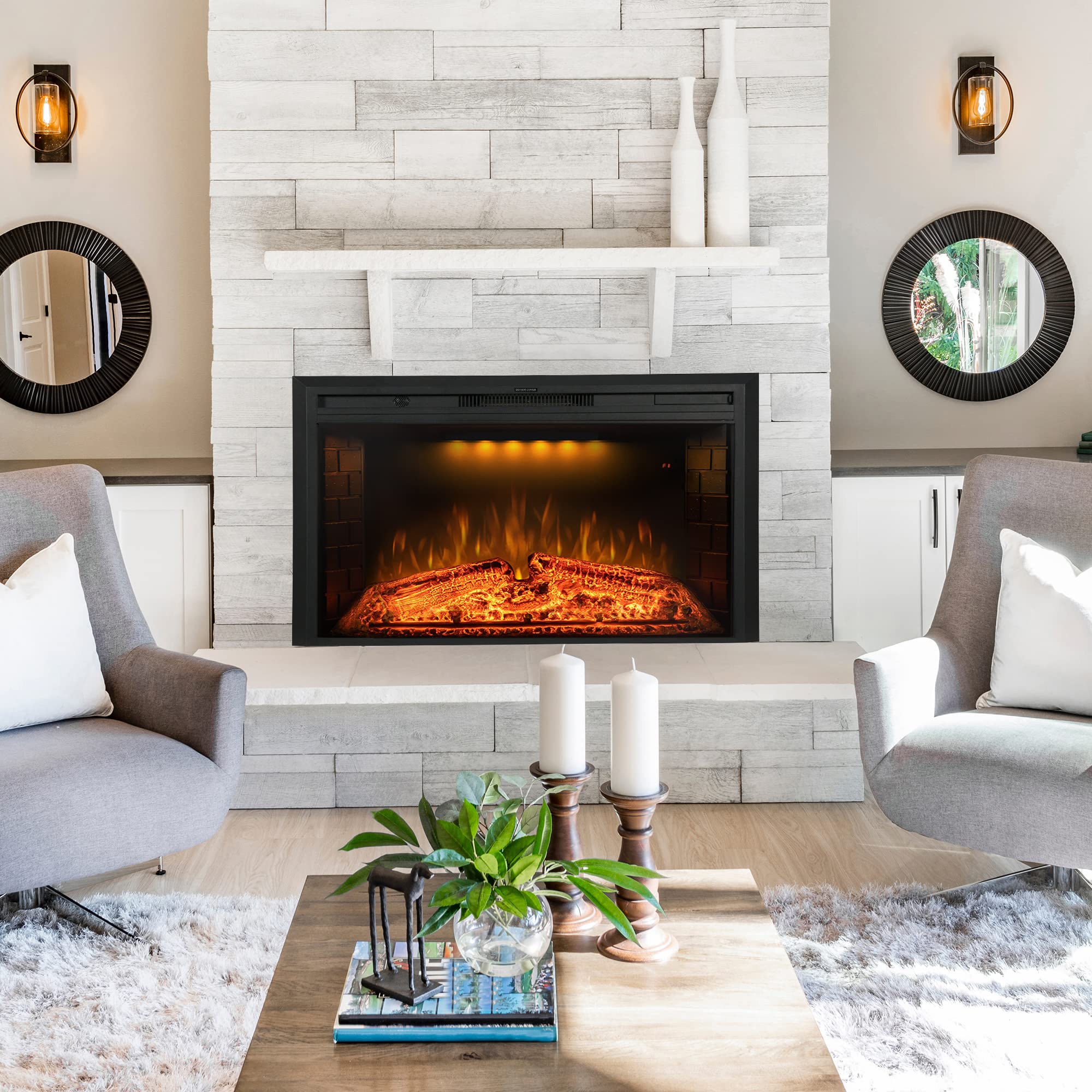 Benrocks 43 Inch Recessed Electric Fireplace Insert - Built-in Wall Heater with Realistic Flame Effect & Crackling Sound, Adjustable Flame Speed & Top Light, 750W/1500W, Overheat Protection - Perfect for Living Room, Bedroom & Office (Black)