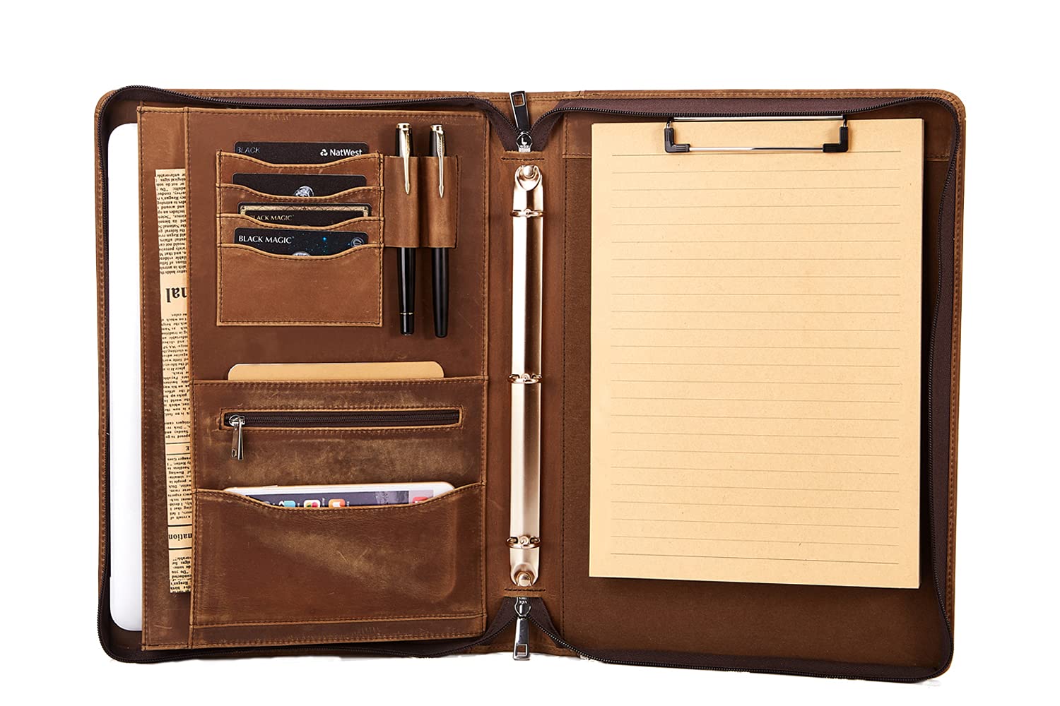 Vintage Leather 3-Ring Binder Portfolio with Zipper - Handmade Genuine Leather Organizer for Men & Women - Business Folder with Clipboard Holds Letter Size Documents - Perfect for Office, School & Professional Meetings (Brown)