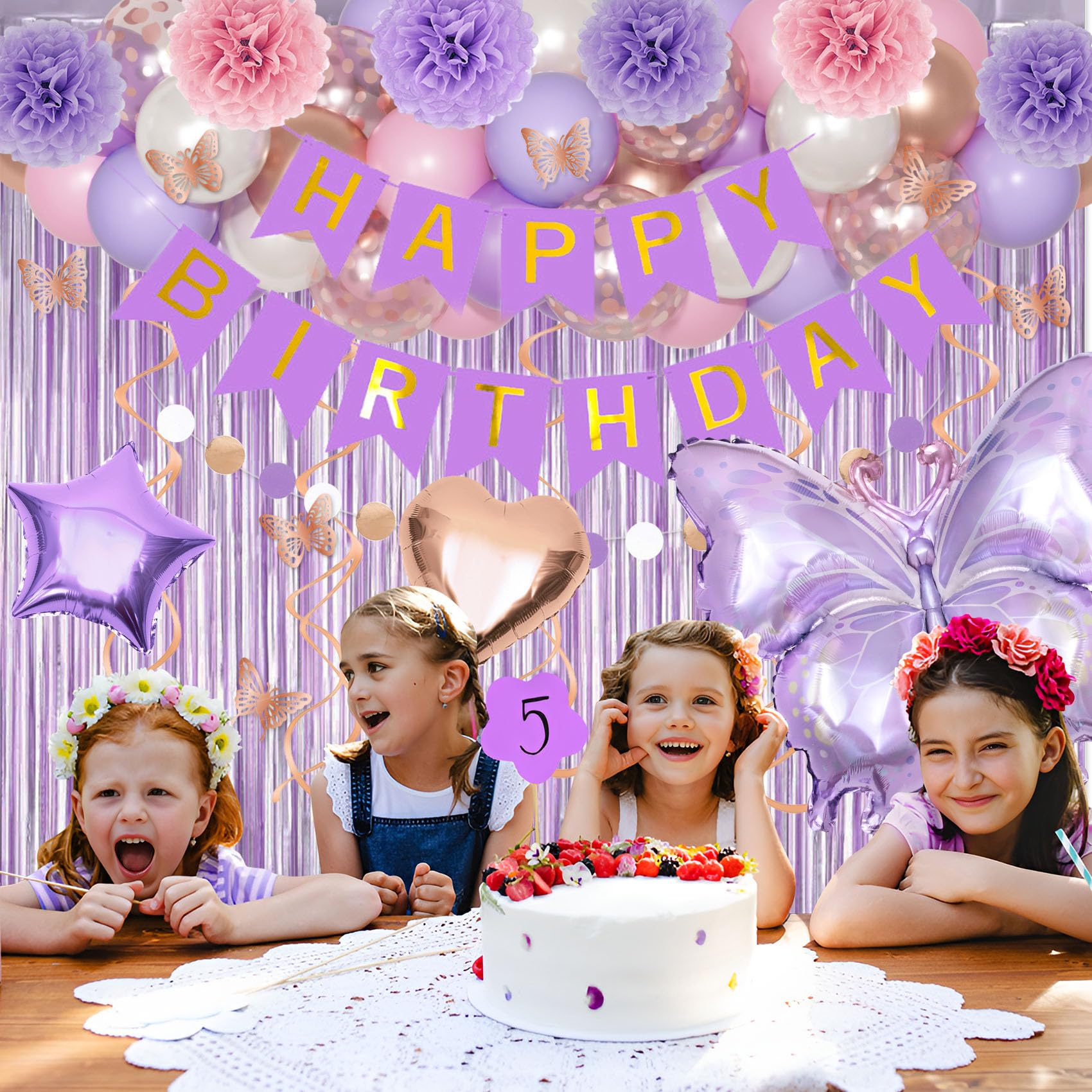 Elegant Purple Pink Birthday Party Decorations for Women & Girls - Butterfly Confetti, Rose Gold Lavender Balloons, Happy Birthday Banner, Fringe Curtains | Perfect for 30th, 40th, 50th Birthday Celebrations, Baby Showers & Bridal Showers